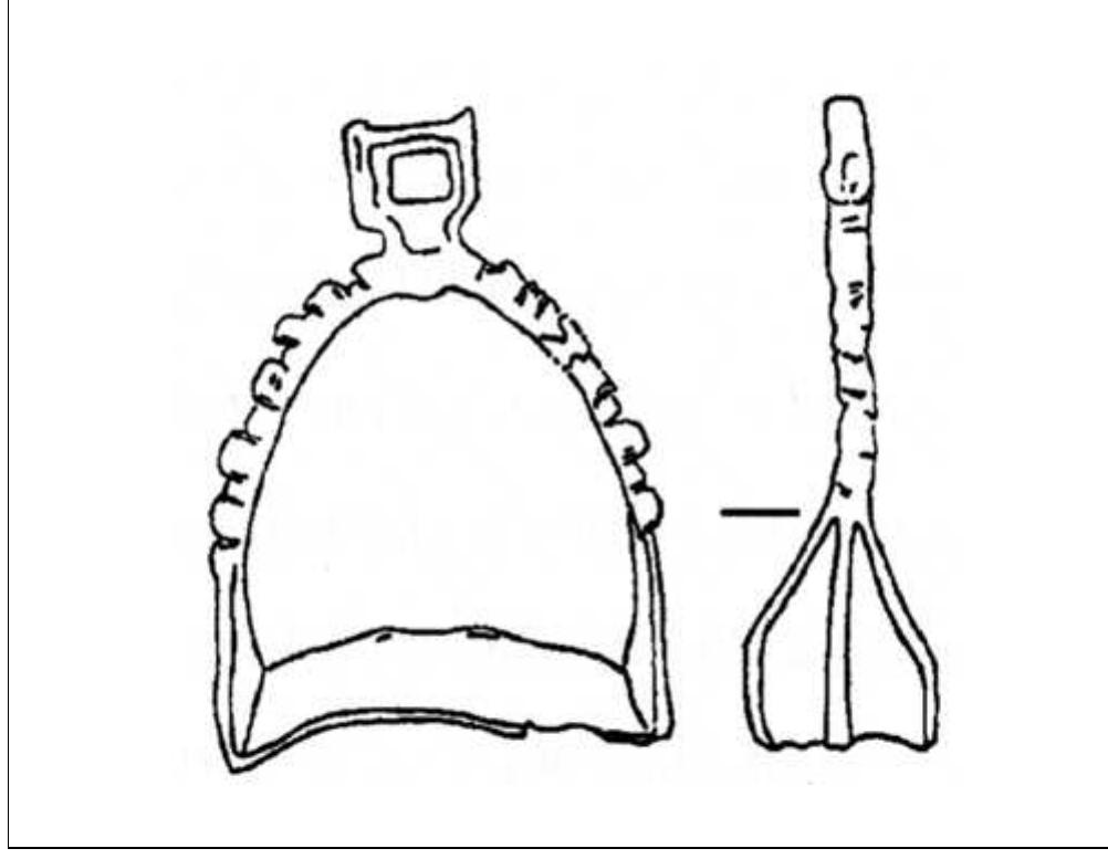 SLIKA 11. Stremen iz Blatnice, Slovacka (Méchurova 1983, 85, T. III: 1).  FIGURE 11. The stirrup from Blatnica, Slovakia (Méchurova 1983, 85, PI. III: 1  LIKA 11. Stremen iz Blatnice, Slova¢ka (Méchurova 1983, 85, T. III: 1).  FIGURE 11. The stirrup from Blatnica, Slovakia (Méchurova 1983, 85, PI. III: 1). 