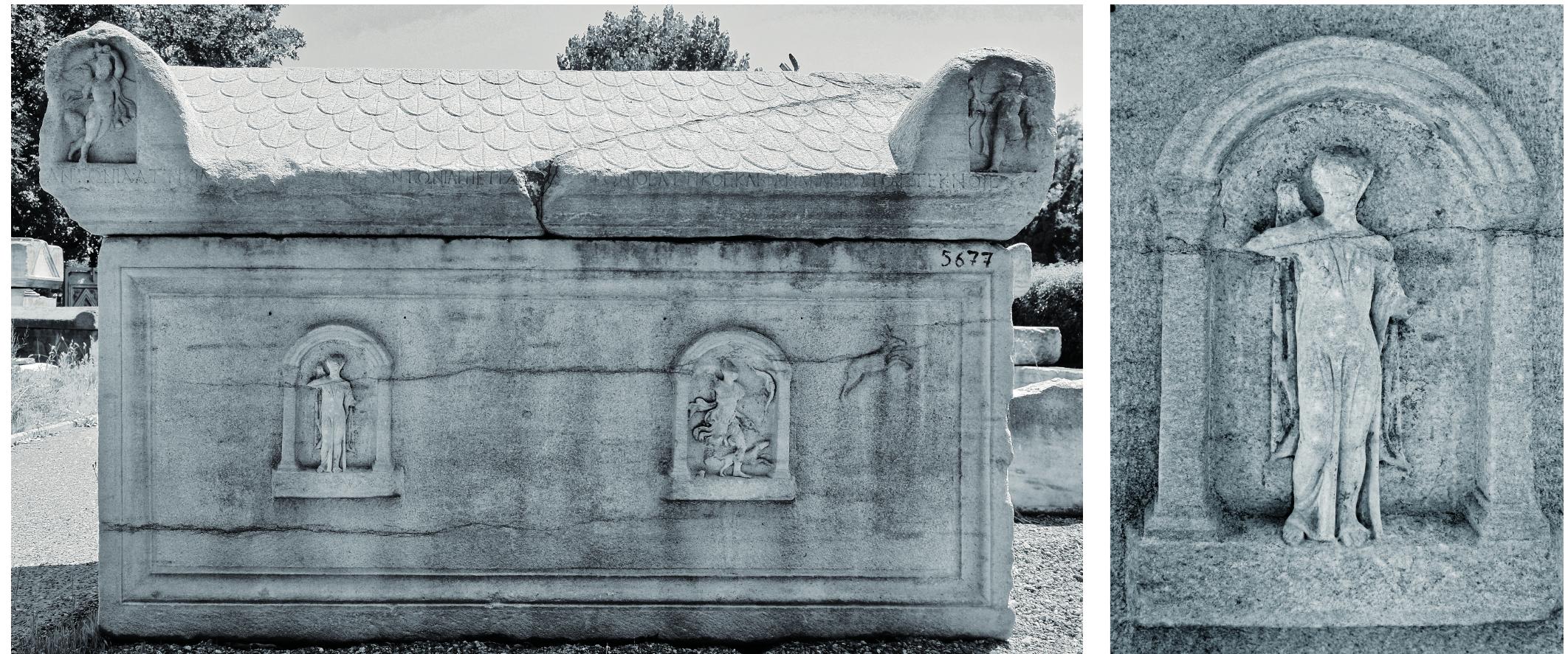 Figure 20.5. a) Archaeological Museum, Thessaloniki. Sarcophagus of Antonia Atticilla, Antonia Elpis, and Antonia Pistis, second century AD b) Detail of sarcophagus with Aphrodite in the ‘Louvre-Naples’ type, inv. no. 5677. © Archaeological Museum of Thessaloniki / Hellenic Ministry of Culture & Sports. Photographs by author. 