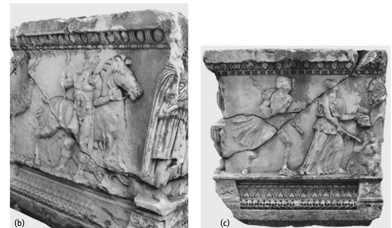 Fig. 3: a—c: Delphi, Museum. Attic Meleager sarcophagus with reclining female on the lid. From the so-called Meleager Heroon at Delphi. The sarcophagus depicts the Calydonian boar hunt (featuring Atalante) on the right, and a group consisting of Meleager, one of the Thestiadai, and again Atalante on the left (after: Koch 1975, pl. 131). The left small side shows a horse leading hero with spear, the right small side a hunter with spear and a female figure with not securely identified objects in both hands (Altheia receiving the message of the death of the Thestiadai?). Late 2nd cent. AD: (Photo: Inst. Neg. Rom 61.2948; small sides: Photo H.R. Goette). 
