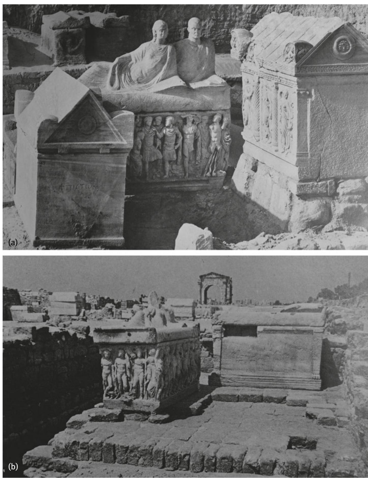 Fig. 4: Tyre, Necropolis. Attic Achilles sarcophagus (a) and an Attic Hippolytus sarcophagus (b) in context. 3rd cent. AD. The sarcophagi were placed on funerary platforms in the open, together with other imported and locally produced sarcophagi (after: Chéhab 1968, pl. 1; 1985, pl. 97a). 