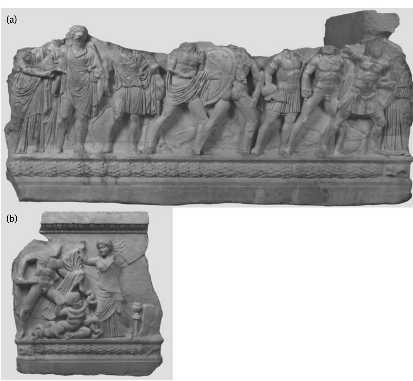 Fig. 5: Corinth, Archaeological Museum Inv. 763-782/S 1021-1022. Attic sarcophagus depicting the ‘Seven against Thebes’ on the front, and the death of Opheltes on the right side. The figures on the front have been tentatively identified as (from left to right): two female figures, Amphiaraus, Adrastos, Parthenopaios, Tydeus, Kapaneus, Hippomedon, Polyneikes. The figures on the right small side are: a hero coming to Opheltes aid, Opheltes being strangled by the snake, Hypsipyle. Ca. 170-180 AD (Photos: H. R. Goette). 
