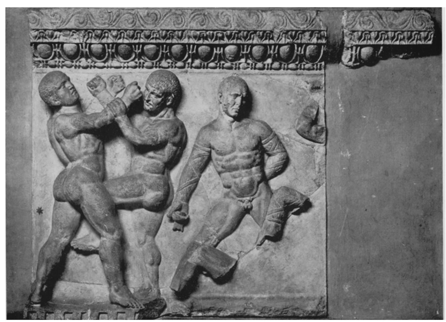 Fig. 14: Rome, Musei Vaticani, Museo Gregoriano Profano. H 84cm, W 85cm. The two fragments, which were allegedly found ca. 150 m from the Mausoleum of Caecilia Metella on the Via Appia  (in the general area of the Villa of Maxentius), have been attributed to an Attic sarcophagus of the 3rd cent. AD. The head of the pancratiast to the right was reworked into a Roman portrait head of the mid 3rd cent. AD; the heads of the group of wrestlers on the left appear to be either reworked or restored (non vidi). (after: Sartorio and Calza 1976, pl. 14,1).  (in the general area of the Villa of Maxentius), have been attributed to an Attic sarcophagus of the 