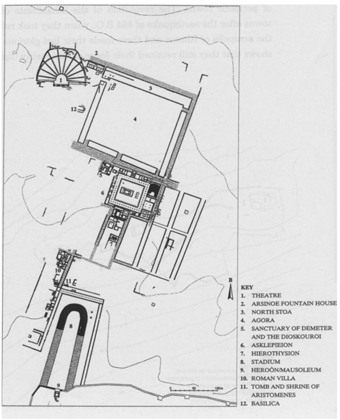 of a prostyle temple tomb in the Doric order and is located off the longitudinal axis of a Hellenistic stadium-gymnasium complex, forming its southern end point.1 The tomk is not, strictly speaking, intramural, as it uses parts of the city wall (partially removed for this purpose) as a foundation. But because of its prominent, elevated position, it would have dominated the stadium and the rites and competitions held therein, with the latter inevitably taking on the character of contests in honour of the tomb’s inhab- itant(s). Among the second-century AD sculptures found in the heroon is an image 