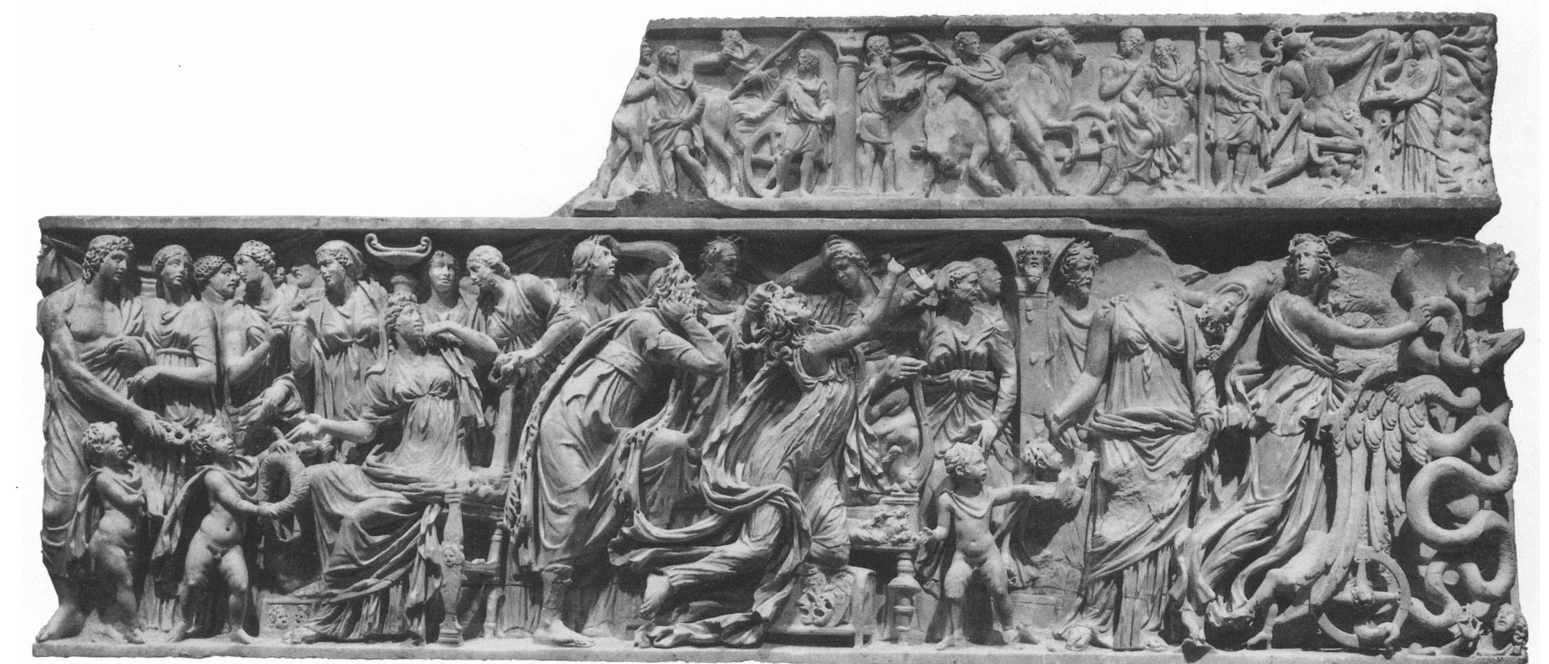 Figure 1. Death of Kreusa on a sarcophagus, ca. 190-200 c.e. From left to right: Kreusa in the wedding chamber; her death in the presence of Kreon and other spectators; Medea contemplating the murder of her children; Medea escaping (with the bodies of the children) in her snake-drawn chariot. Antikenmuseum Basel. Photo: Courtesy of the museum. 