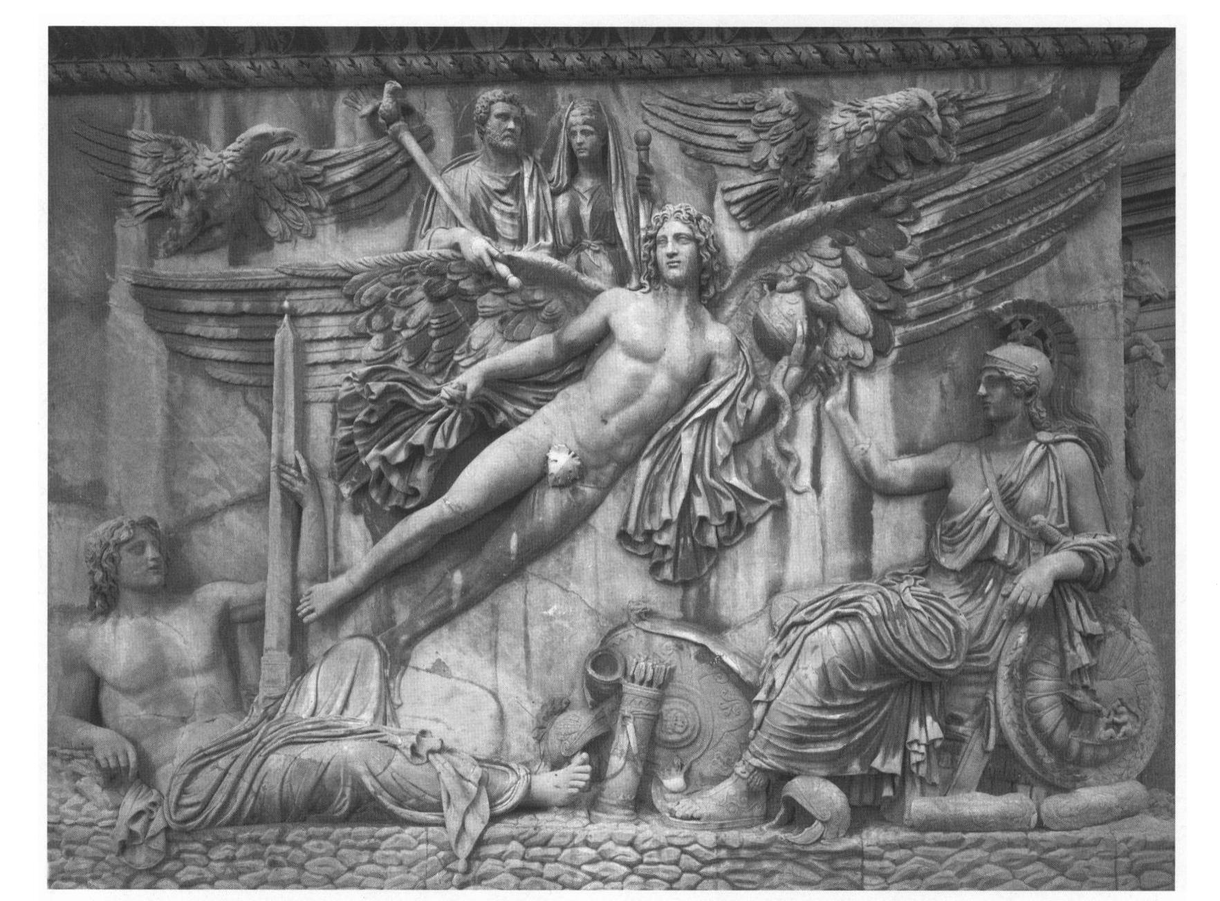 Figure 5. Apotheosis of Antoninus Pius and Faustina, column of Antoninus Pius and Faustina (south side of pedestal), 161 c.e., Rome. The couple is carried upward by a winged genius (“Aion”), in the presence of personifications of the Campus Martius and the city of Rome. Photo: Inst. Neg. Rom 1938.1463 (Faraglia). 