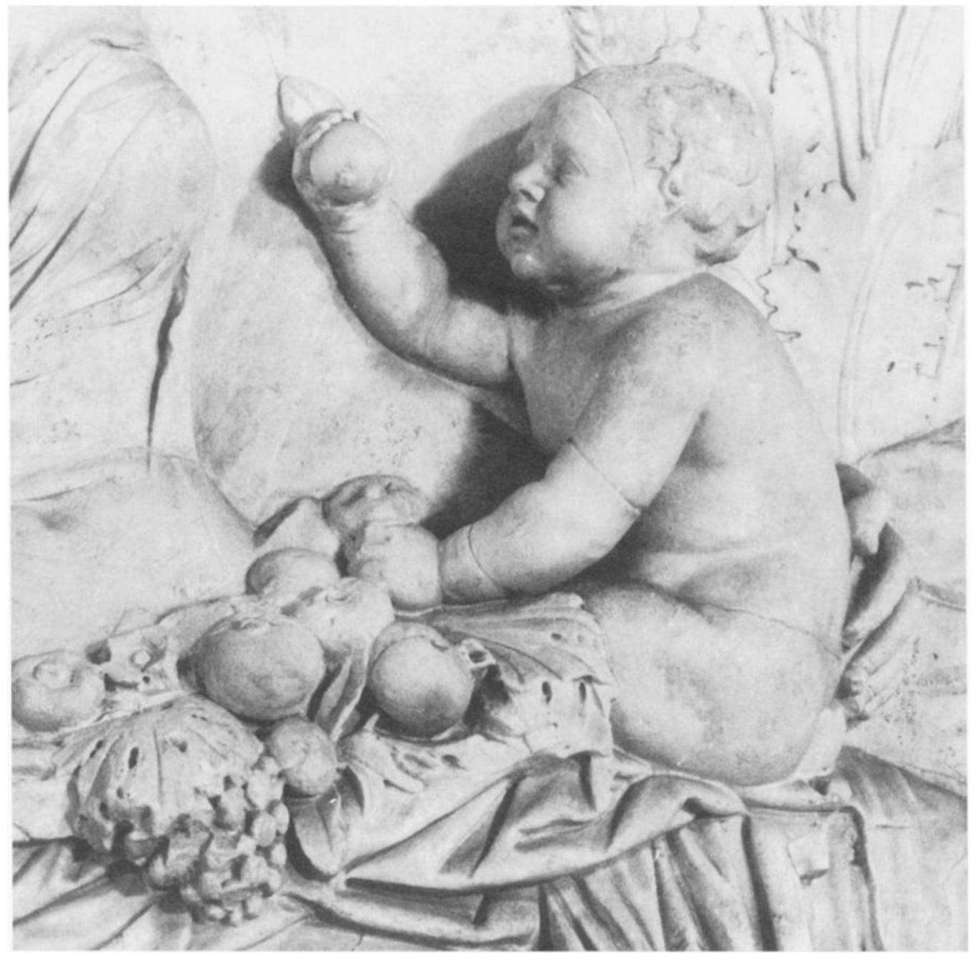 Fig. 6. Fruits in the lap of the central figure. Detail of relief panel in fig. 1. (Courtesy Deutsches Archdologisches Institut, Rome, neg. 86.1454, detail)  extension, “any tree-born fruit.”6” Like the poppy capsule, the pomegranate with its many seeds was a symbol of fertility and hence appropriately associated with Demeter/Ceres.®*  onlookers of the procession.”! The fruits associated with the Ara Pacis figure may thus be interpreted as referring to Demeter/Ceres as a goddess of agricul- tural fertility. 