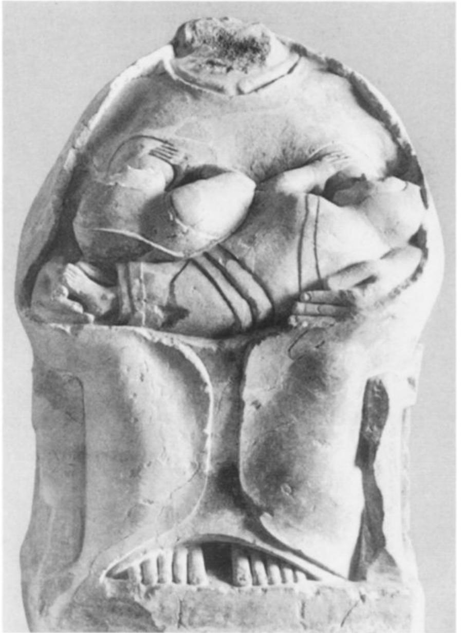 Fig. 9. Goddess nursing two children. Limestone statue from Megara Hyblaea. Syracuse, Museo Nazionale. (After E. Lan- glotz and M. Hirmer, Die Kunst der Westgriechen in Sizilien und Unteritalen [Munich 1963] pl. 17. Courtesy Hirmer Verlag) 
