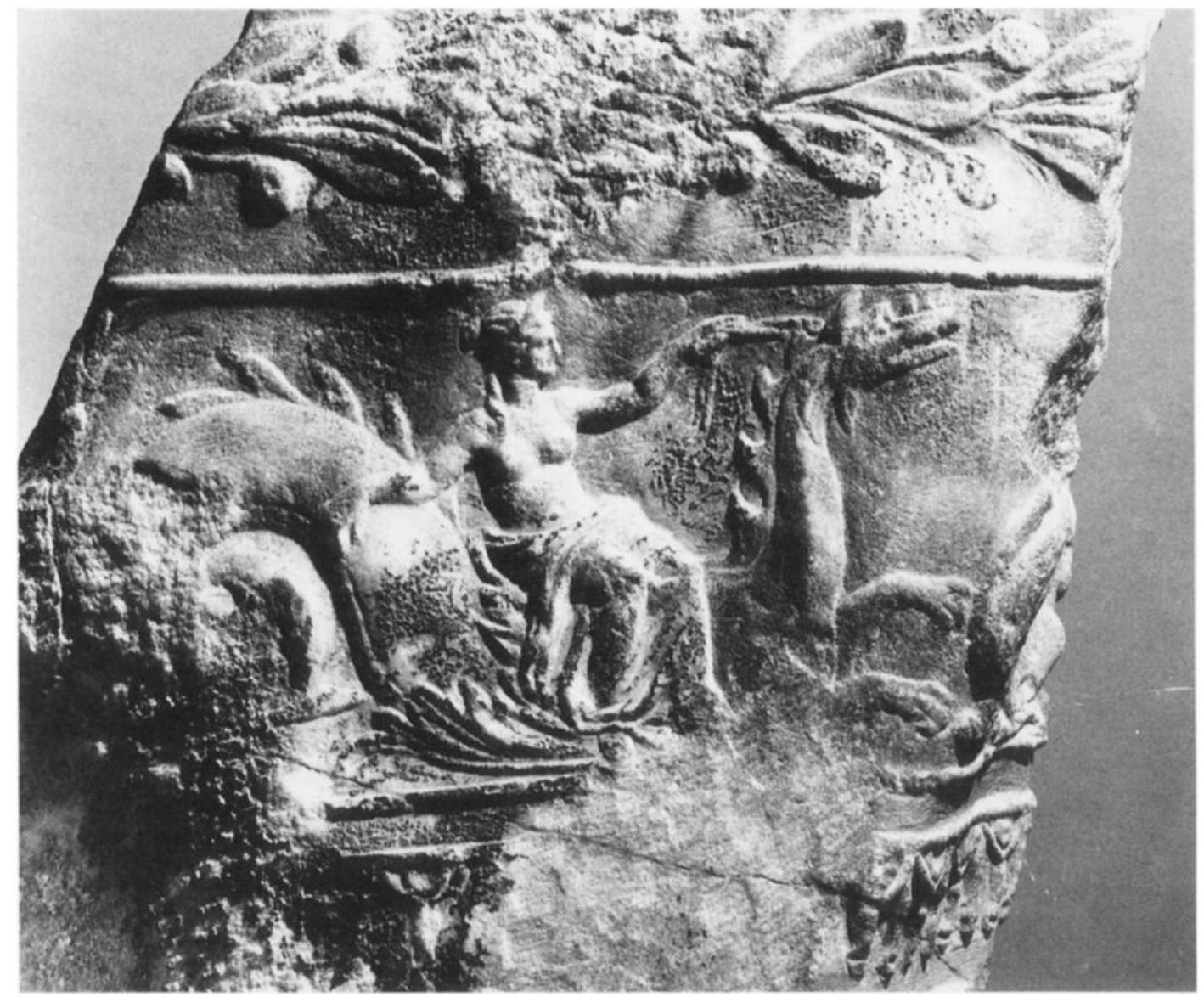 Fig. 10. Nereid on ketos. Detail from the carved mantle of the cult statue of Demeter from Lycosura. National Museum, Athens, inv. 1737. (Courtesy TAP Service, Ministry of Culture, Hellenic Republic) 