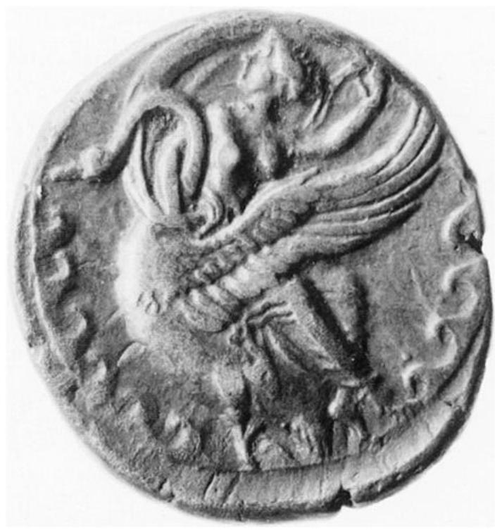 Fig. 11. The nymph Kamarina on a swan. Didrachma from Kamarina. London, British Museum. (Courtesy Trustees of the British Museum) 