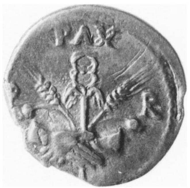 Fig. 18. Wheat stalks and poppies of Ceres, clasped hands of Concordia, caduceus of Pax. Aureus of the Civil Wars from Spain. London, British Museum. (Courtesy Trustees of the British Museum) 