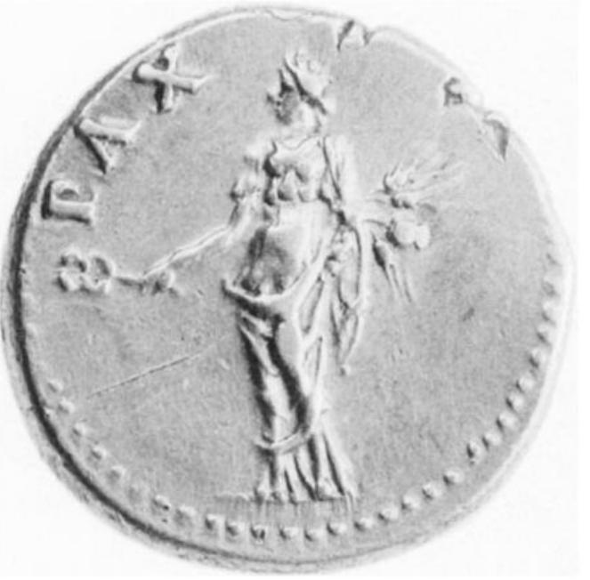 Fig. 17. Pax with caduceus, wheat stalks, and poppies. Au- reus of the Civil Wars from Gaul. London, British Museum. (Courtesy Trustees of the British Museum)  and the encouragement of the virtues of marriage and family. The former may be tied to Augustus’s attempts to encourage cereal agriculture in Italy again, thus inducing the population to return to the land and to the sane and sober customs of their ances- tors.22” The latter is related to Augustus’s legislation on marriage and morals, which was intended to purify the degenerate practices of the upper classes and to produce offspring who would serve the Empire.??8 Ceres, as the goddess of agricultural fertility and as the paradigm for the Roman mother,??° was an ap- propriate symbol for both concepts. 
