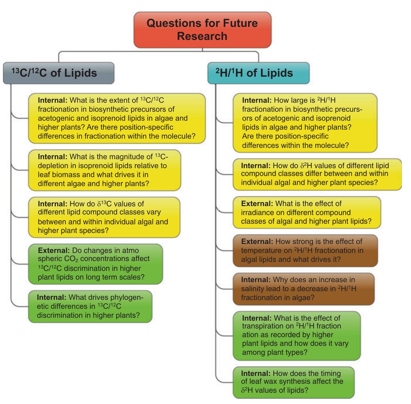 Fig. 4 Research questions to be addressed in the future. This is not an exhaustive list of questions that need to be addressed — mainly a compilation of the key issues based on the reviewed literature. Yellow color indicates questions that refer to both algae and higher plants, brown to algae, and green  to higher plants  Factors Controlling Carbon and Hydrogen Isotope Fractionation During. . 