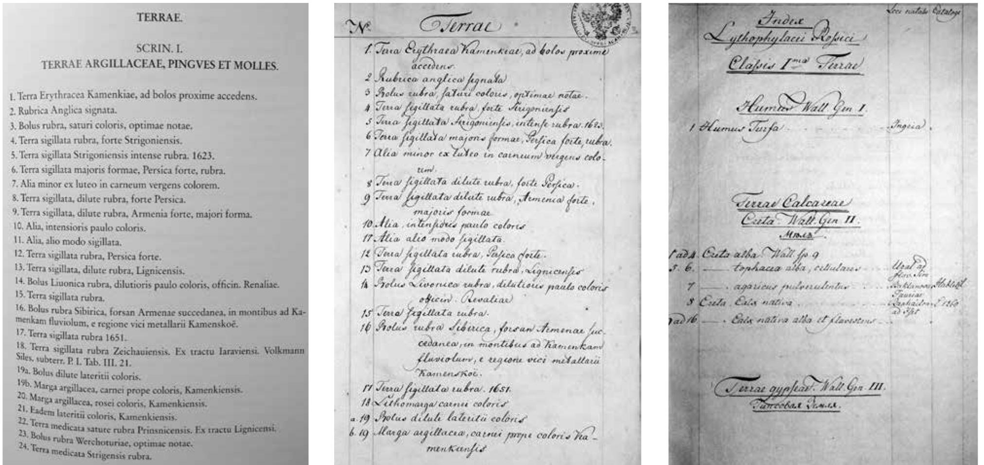 Fig. 2. First pages of the three catalogues of the Kunstkamera Mineral Cabinet: of the mineral catalogue by Gmelin-Amman-Lomonosov (1745) M.V. Lomonosov’s Mineralogy, 2010, p. 367, of the Lehmann’s Catalogue (1760) and of the catalogue of Georgi-Renovants-Zuev (1786—89) Photo: D. Novgorodova  In the Catalogue of the Museum Gottwaldianum® (Musaeum Gottwaldianum, 1714) and in the first catalogue of the collection of the Mineral Cabinet (Catalogus minerarum, 1745) in addition to the mineralogical matrix of the description, a System of mineralogy’, one can clearly see the system of spatial organisation of the collection, notably it is  The evident difficulty in the reconstruction of the spatial organisation of the collection by cata- logues lies in the fact that the verbal order of de- scriptions given in the catalogue is not identical to the order of items that comprise the collection. Catalogues “attempt to translate material things into linguistic statements” (Keating, Markey, 2011, p. 209), but is the reverse transformation possible? 
