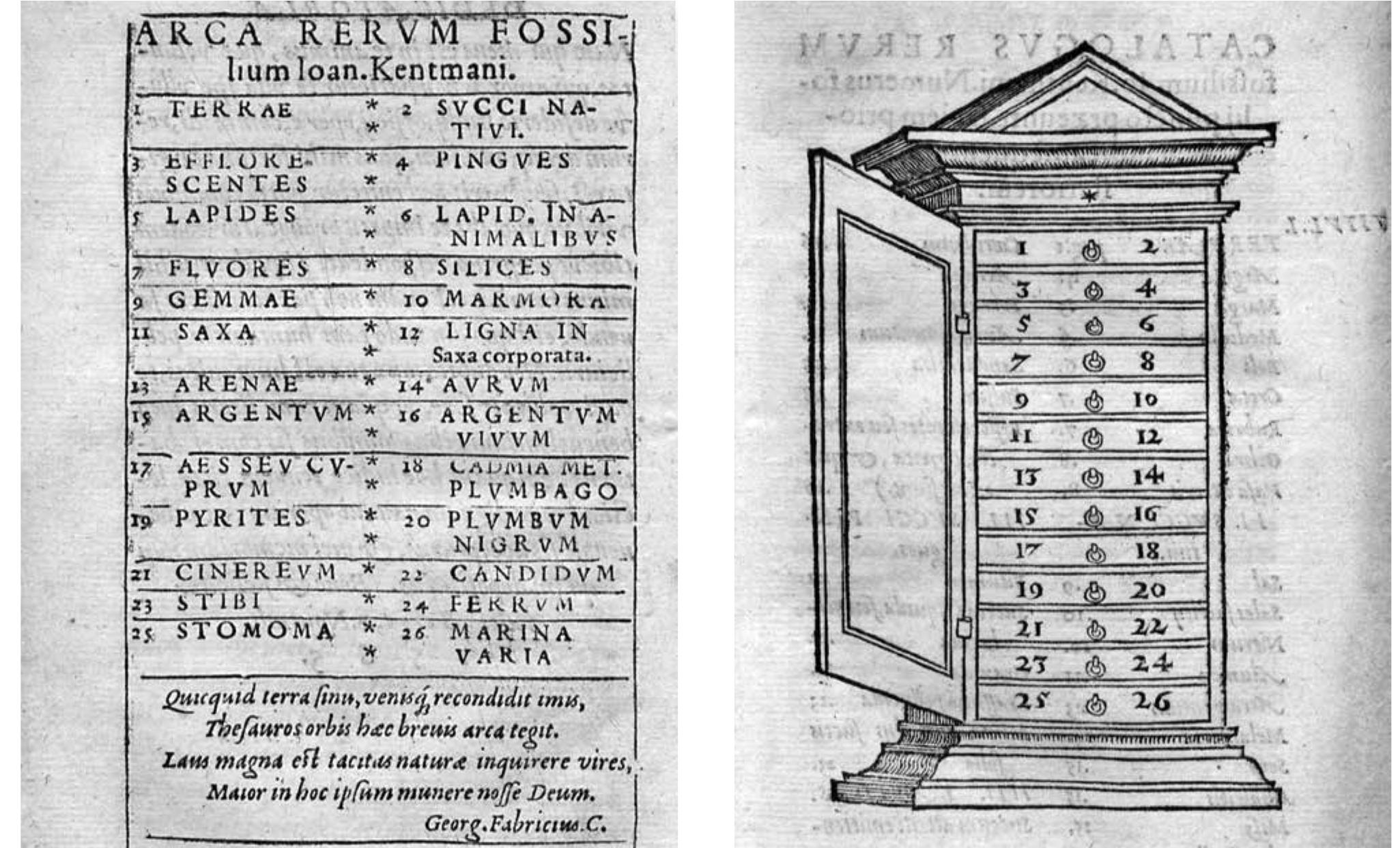 Fig. 5. ohann Kentmann’s ark of fossil things» (ARCA RERUM FOSSILIUM Ioan. Kentmani) }eginning of description of Johann Kentmann’s collection of minerals (1565): a summary of Kentmann’s System of mineralogy and a cabinet in which the collection was kept (Kentmann, 1565)  The Catalogue of the Museum Gottwaldianum and the Kunstkamera Mineral Catalogue of 1745 as well as the catalogue of Kentmann’s collection demonstrate the connection between the two systems that structure the collection: the System of mineralogy (the items in the catalogue are de- scribed according to the order of classes envisaged by the applied mineralogical classification), and the spatial system that follows the mineralogical  
