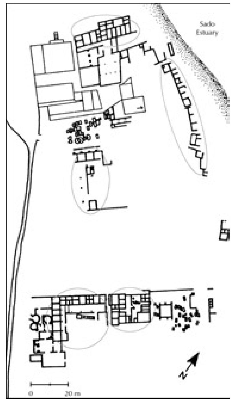 Some cetariae at Trdia were located in long rows running parallel to the shoreline. Other installations were situated in complex-like buildings slightly inland. The largest of these latter installations are the so-called “Factories | and II”, which were adjoining complexes in the centre of the peninsula. These two factories also clearly display the chronology of the site itself (Fig. 13). Initially, Factory I covered a large area, with roofed vats encircling a large, open courtyard with a central well and cistern. During this first phase, which began in the middle of the first century AD, there were 19 extant vats that varied in size, the largest of which measuring 3.75x4.0 m and 2.4 m deep and the smallest measuring 3.6x1.5 m and 1.93 m deep. The volume of the extant vats was 465 m/’, but the entire complex is estimated to have been ca. 700 m°.® Connected to the first installation, but similar in layout, was Factory II, which was smaller than the first with only 11 extant vats of almost uniform size. The total volume of this factory was 141 m°. Also adjoining this complex  were storage facilities for amphorae.© ne ee ee ee ee Ae ee ee eee ee at whe Se ee ee. - feos eee Se eee ae 