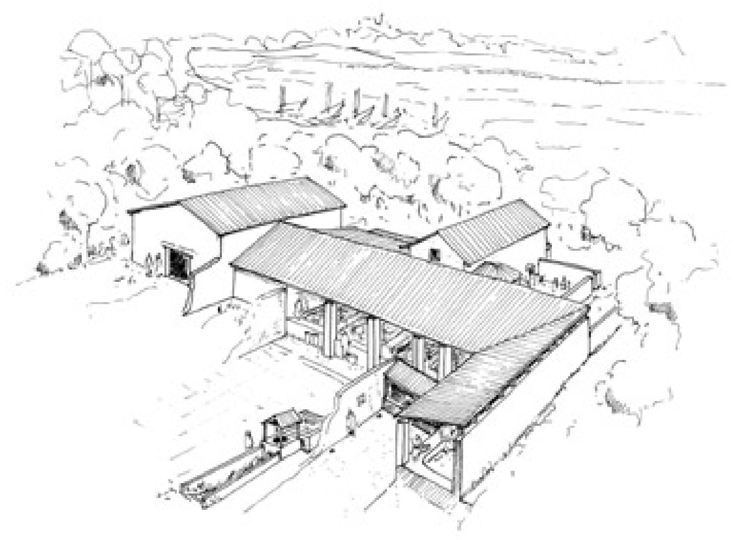 usually paved with the same waterproof material as the vats themselves. In some instances, like at Baelo, the floors of these preparation rooms sloped slightly, draining towards a sump to collect the organic refuse from the clean- ing process. Evidence of pillars suggests that some complexes, like Factories I and II, were covered with a roof, and openings for ventilation were no doubt present in surrounding walls (Fig. 14).° Fresh water was supplied to the complexes of Trdia by means of a system of cisterns and wells distributed throughout the site.”° 