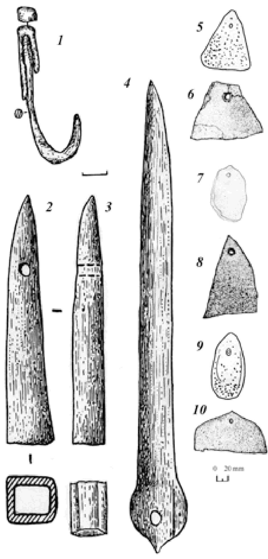 Nets were most likely made of hemp or linen strings.** They were appar- ently knotted with either large or small meshes as seen on a real net found at Nikonion.® To ensure the net extended down to the bottom, sinkers were suspended at small intervals along its entire length. In Scythian contexts, sink- ers were predominantly made from wall fragments of amphorae, with drilled holes. These have at times been found in excavations of ancient sites. In the Dnieper region such finds appear for the first time in the post-Scythian settle- 
