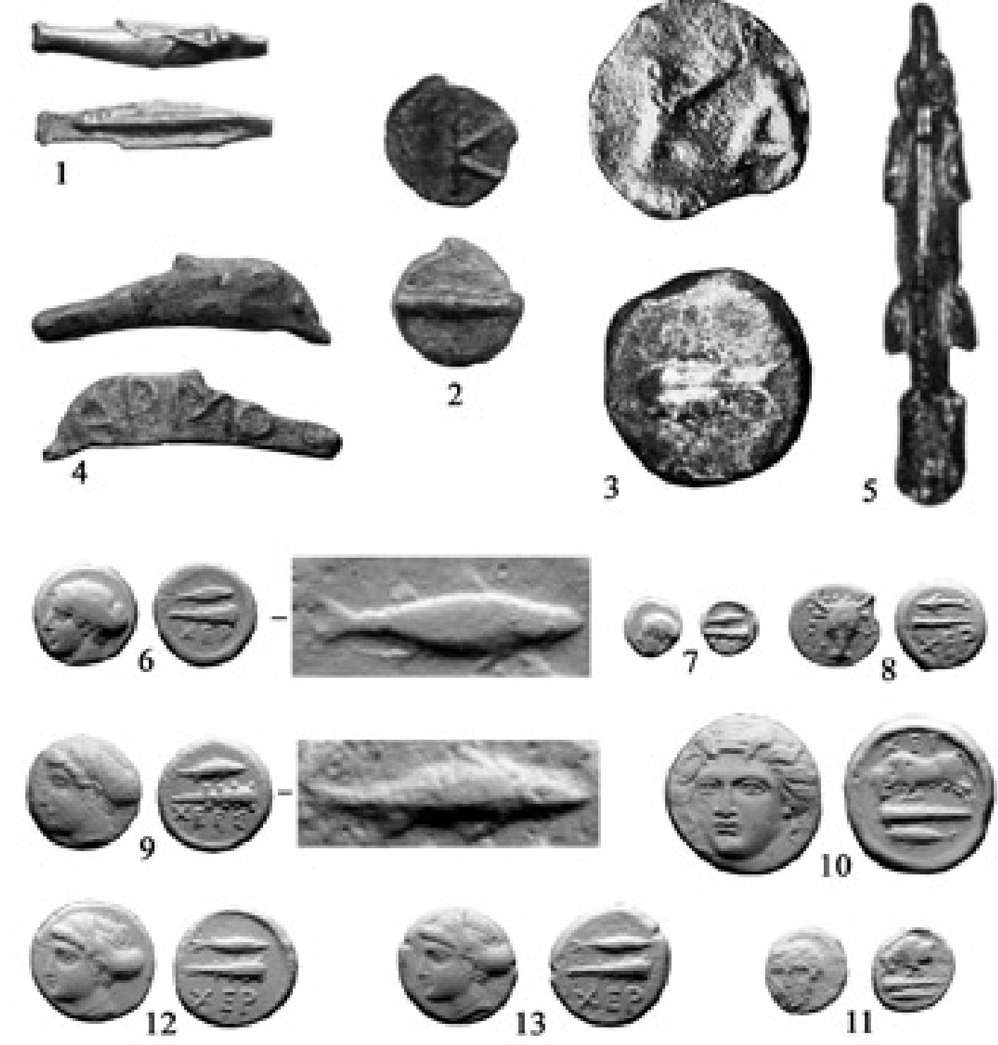 Fig. 2. Coins of Karkinitis, Olbia and Chersonesos. 1-3) Karkinitis, AE; 4) Olbia, AE;  5) Sturgeon shaped bronze figure from barrow 4 near the village of Ryleevka (West Crimea); 6-7, 10-11) Chersonesos, AR; 8-9, 12-13) Chersonesos, AE. (1: Gorny & Mosch auction 60, lot No. 180, photo courtesy of the Gorny & Mosch Giessener Miinzhandlung; 2: Odessa Museum of Numismatics, photo courtesy of the Museum; 3: after Kutajsov 1986, fig. 1; 5: after Koltuchov 1997, 63, fig. 3; 6-8, 11: State Hermitage Museum, Numismatic Department, inv.-nos. 25936-25937, 26075, 25945, after casts; 9: Bibliotheque royal de Belgique, Cabinet des Médailles, L. de Hirsch Collection 850, after a cast; 10: Hess-Leu auction 2.04.1958, lot No. 119, after a cast; 12: Ashmolean Museum Oxford, Heberden Coin Room, May bequest 1961, after a cast; 13: Bibliotheque National Paris, Cabinet des Medailles, after a cast.) 