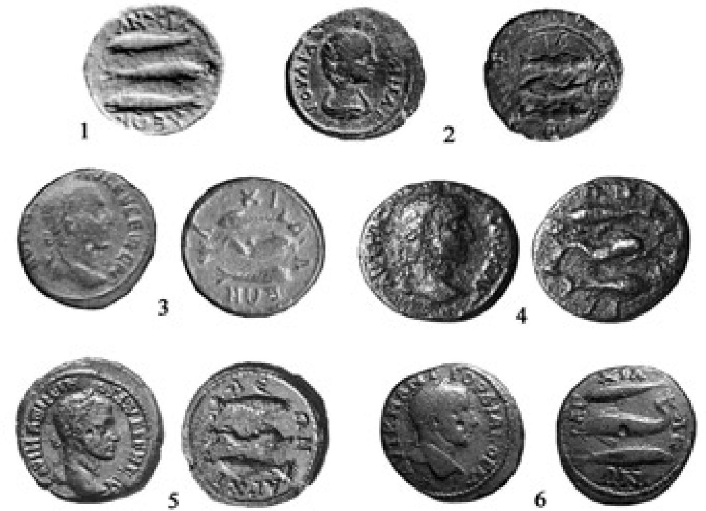 Fig. 5. Bronze coins of Anchialos. 1) Crispina; 2) Julia Domna; 3-5) Maximinus; 6) Gordianus III. (1: after Struck 1912, pl. 6.22; 2: auction Gorny & Mosch 118, lot No. 1631, photo courtesy of the Gorny & Mosch Giessener Miinzhandlung; 3: photo courtesy of the Aeqvitas.com (Heather Howard); 4: photo courtesy of Thomas Burger; 5: auction Lanz 102, lot No. 831, photo courtesy of the Numismatik Lanz; 6: in commerce, photo courtesy of the Classical Numismatic Group, Inc.) 