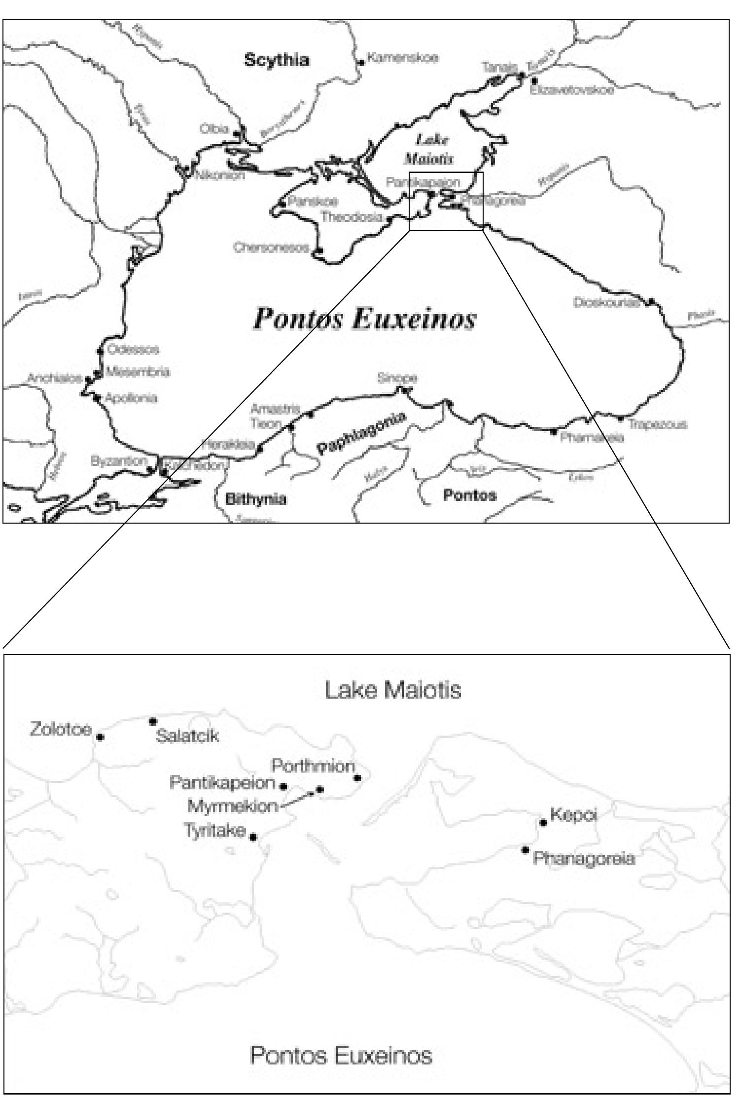 Fig. 1 a-b. Maps of the Black Sea and the Kimmerian Bosporos with indication of the places mentioned in the text. 
