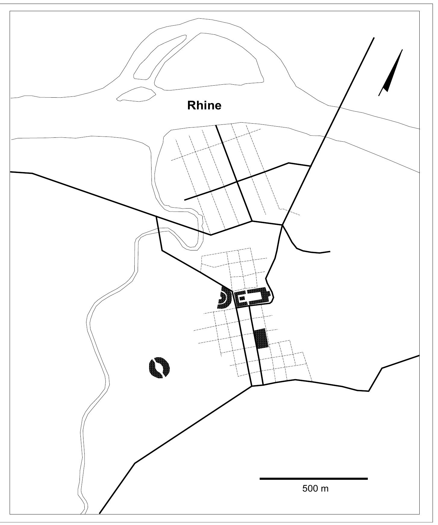 Fig. 2. The colony of Augusta Raurica. General plan with the Rhine, important buildings and roads (redrawn from Martin-Kilcher 1987, 17). 