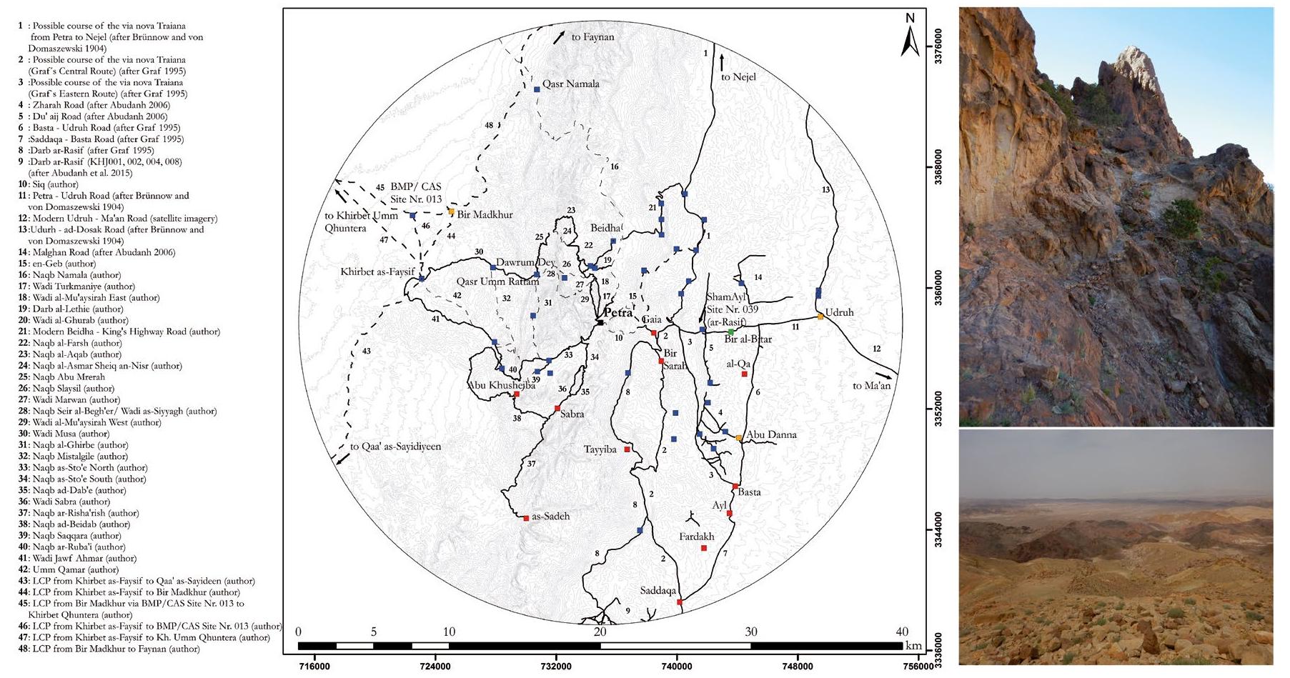 Fig. 5: Left: Overview map of all evidenced roads/routes in the Petra area. Upper
right: Detail photo of Naqb Slaysil. Lower right: Detail photo of Naqb ar-Ruba’i.
