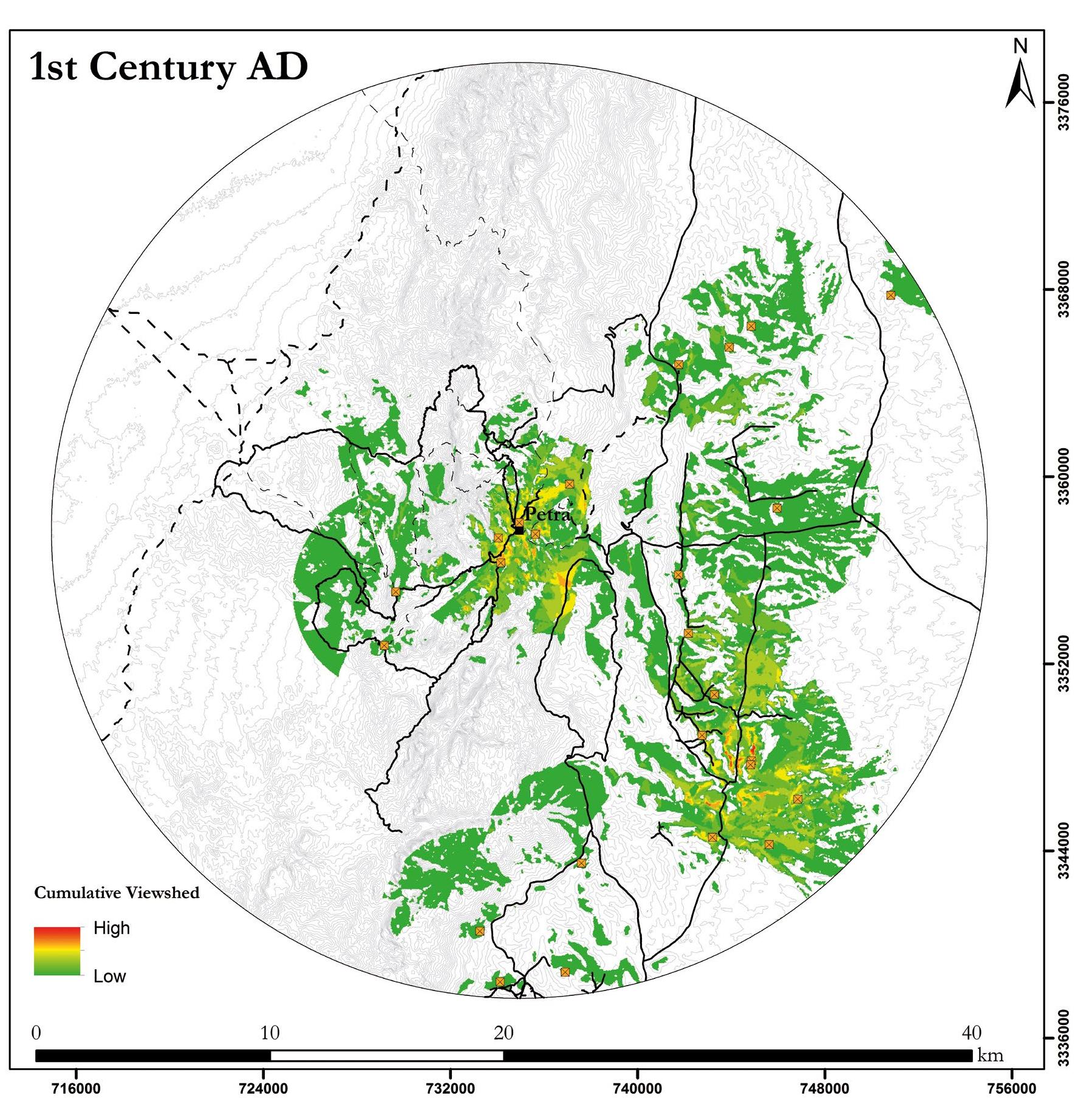 Fig. 8: Cumulative visibility analysis of all evidenced watchtowers dating to the 1*
century CE.
 PETRAEAN HINTERLAND IN NABATAEAN-ROMAN TIMES: AN OVERVIEW
