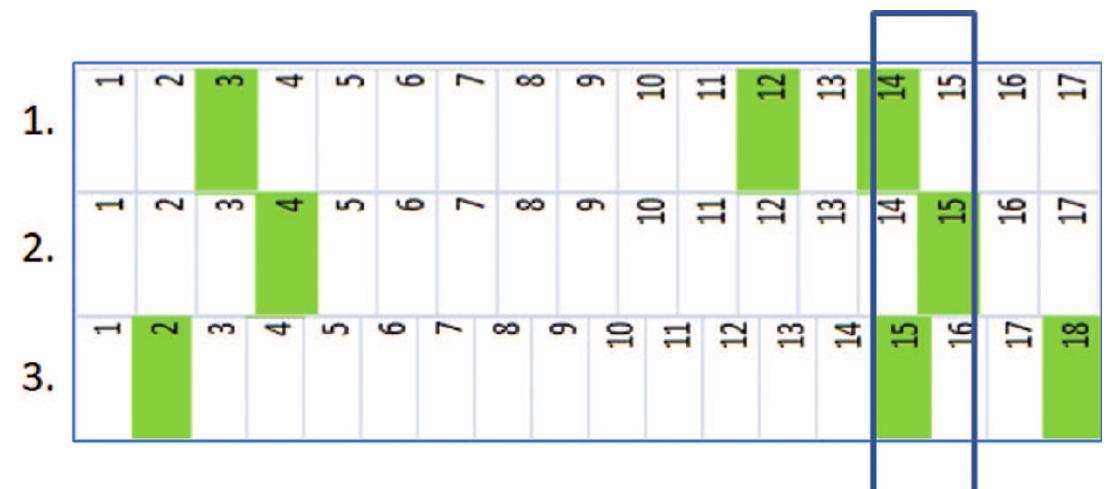 Fig. 3. Mustration of the stress layer verification: different rows represent different sections of the same tooth; stress la- yers (determined either by Method 1 or Method 2) in each sec tion are marked in green; despite the fact that more than one stress layer is identified in each section individually (green rectangles), there is only one verified stress layer for this tooth, as only two layers from sections 2 and 3 overlap (the verified stress layer is marked).  Kristina Penezié, Marko Poréié, Jelena Jovanovi¢, Petra Kathrin Urban, Ursula Wittwer-Backofen, and Sofija Stefanovié  