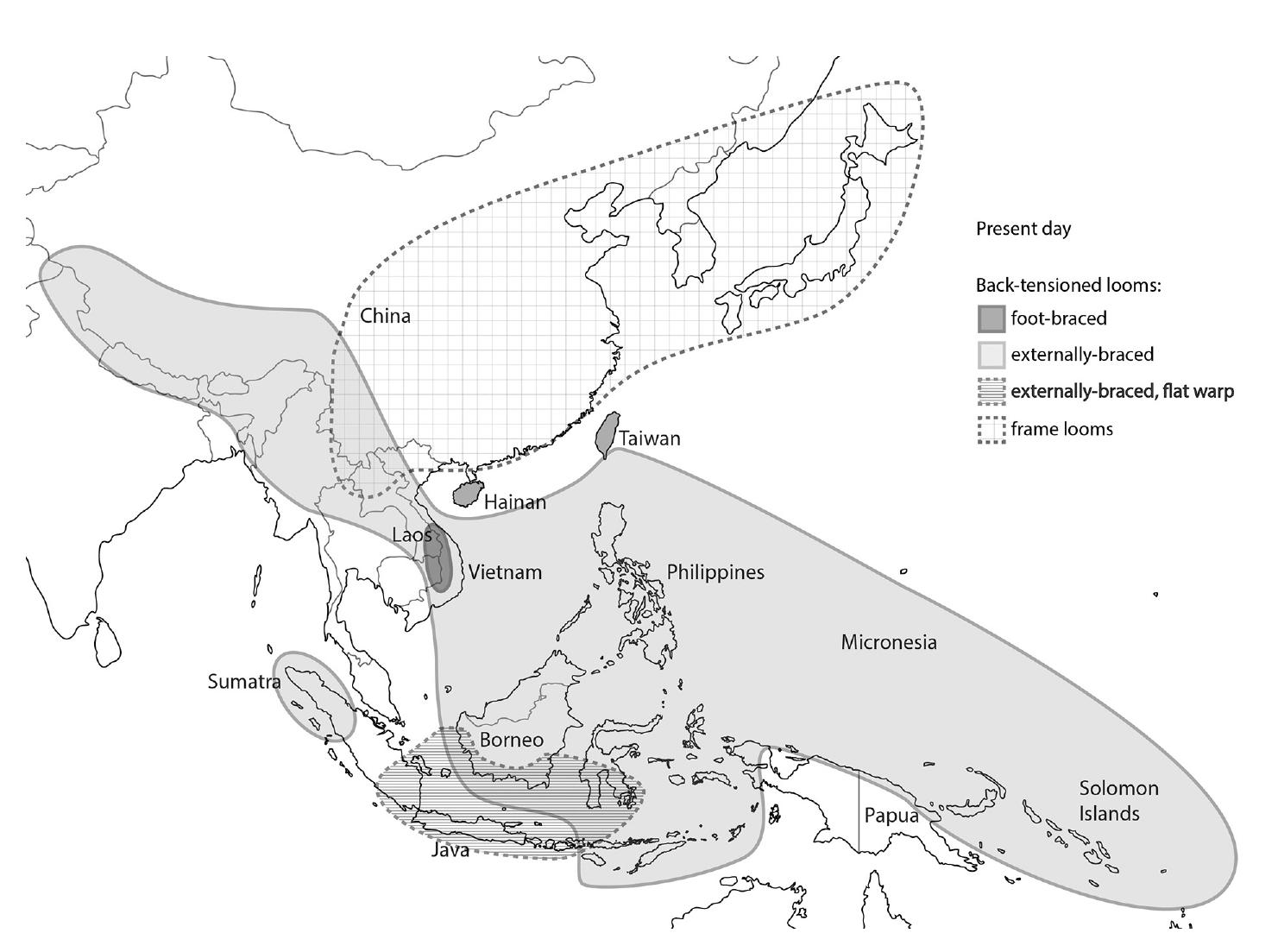 Fig. 1 — Distribution of types of loom in Asia in the present day. (Source: Buckley 2017) 