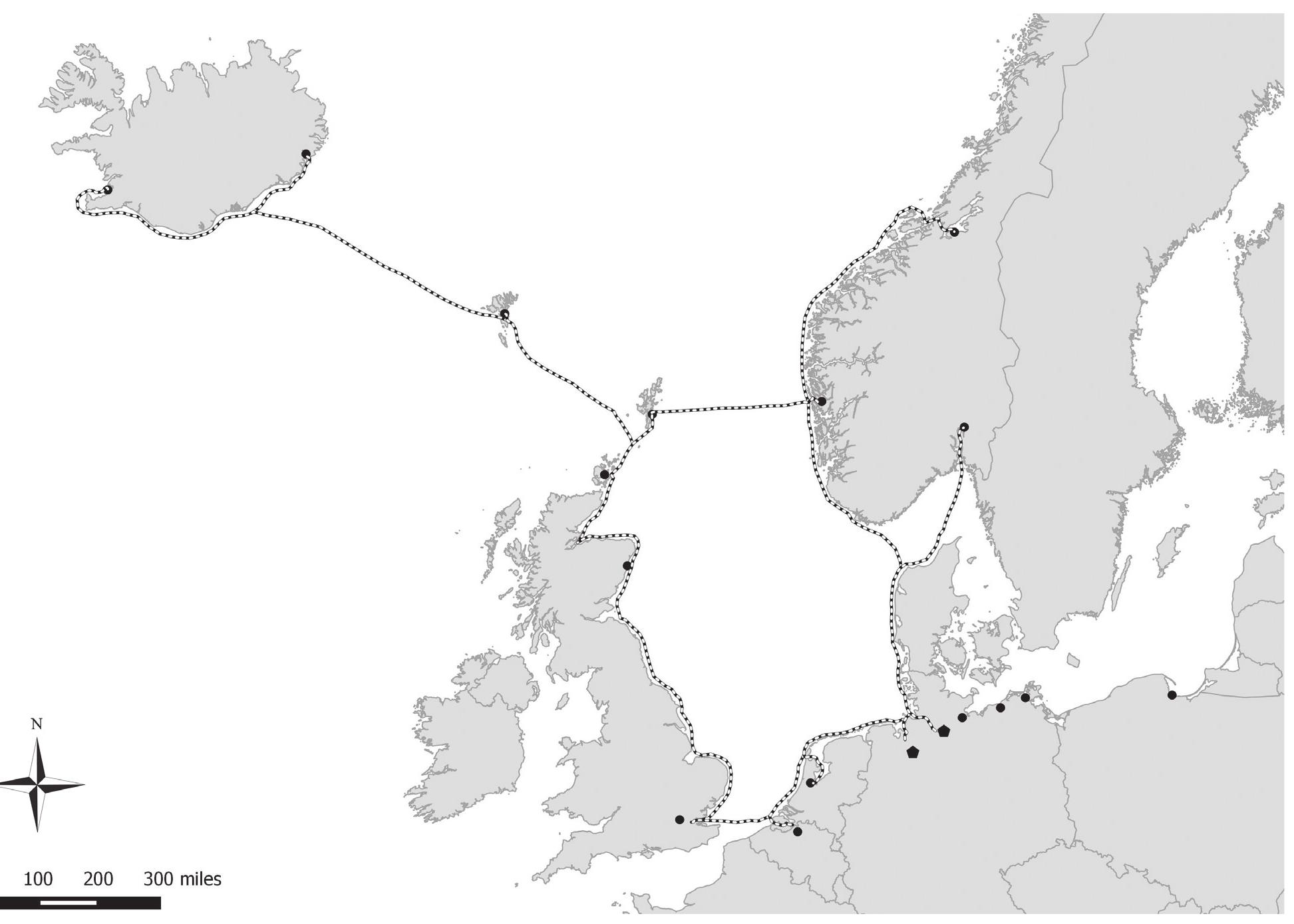 Map 1 Working area. The lines shows the western and eastern trading routes to the North. Pentagons: Hamburg and Bremen. Circles: other trading posts. 