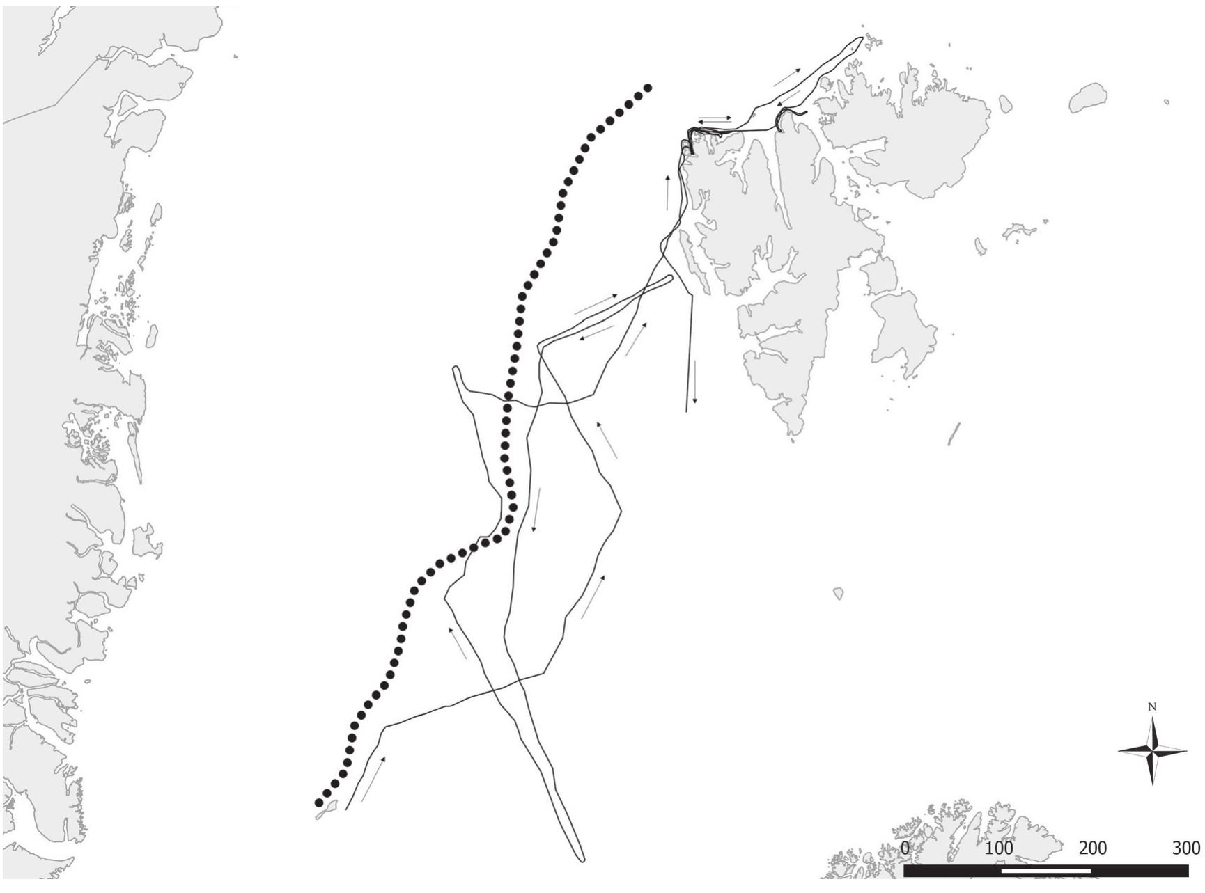 Map 2 The whaling area between Spitzbergen (east) und Greenland (west). Continuous lines indicate the reconstruc- ted route of a whaler from Hamburg between 27. April and 22. July 1671. The dotted line shows the southern limit of drifting ice in summer 1671. The data is based on the account published by Friderich MARTENS in 1675. 