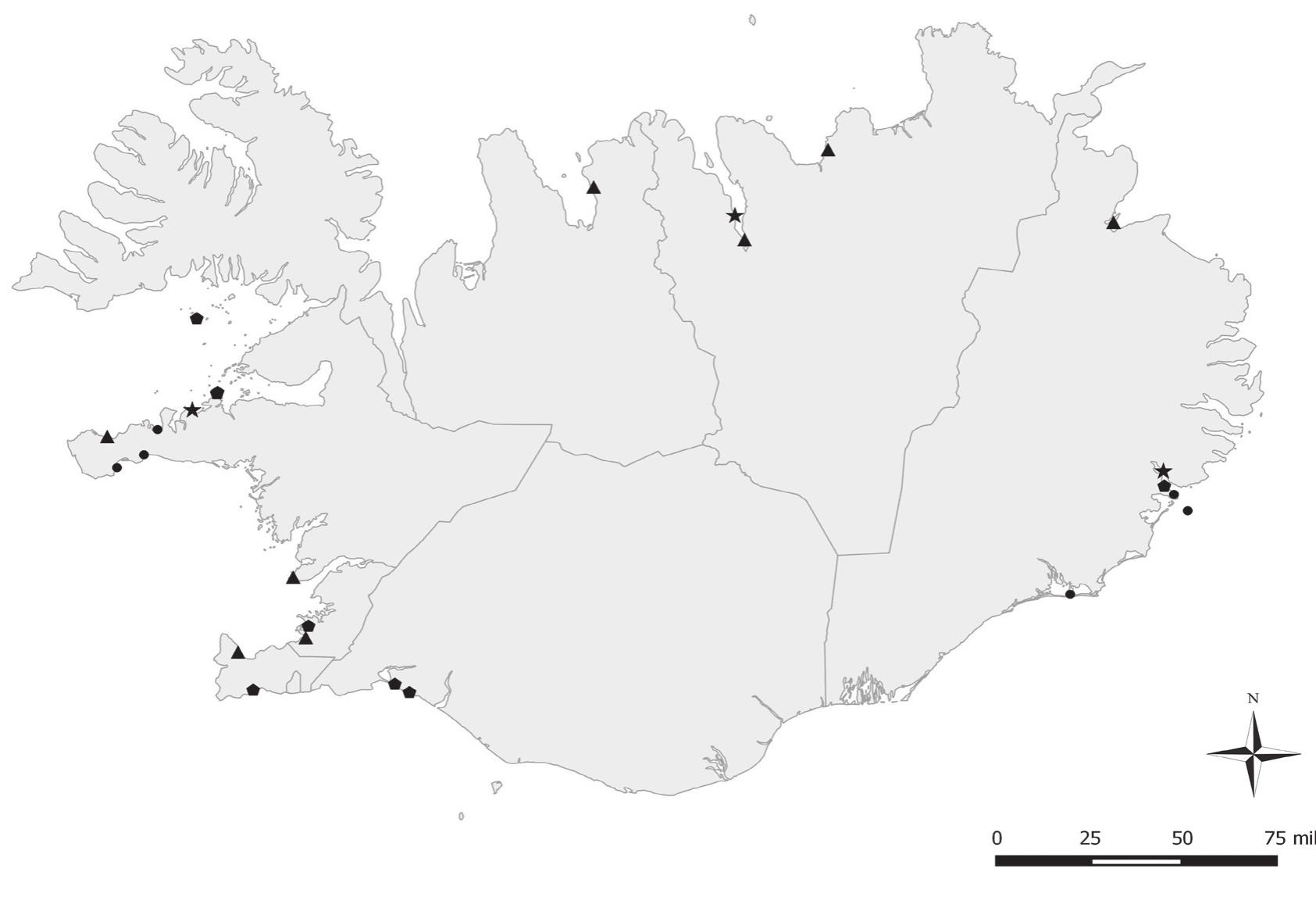 Map 3 Iceland. Triangles: posts mainly used by Hamburg ship's. Pentagons: posts mainly used by Bremen ship's. Cir- cles: selection of posts used by Hamburg, Bremen and other Hansa ship's. Star: Kaupstadartangi/Landey in the West, Gasir in the North and Gautavik in the East. 