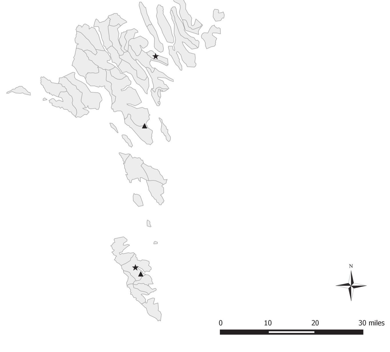 Map 4 Faeroe Islands. Triangles: posts used by Hamburg ship's. Stars: Krambatangi in the South, Leirvik on Eysturoy in the North. 
