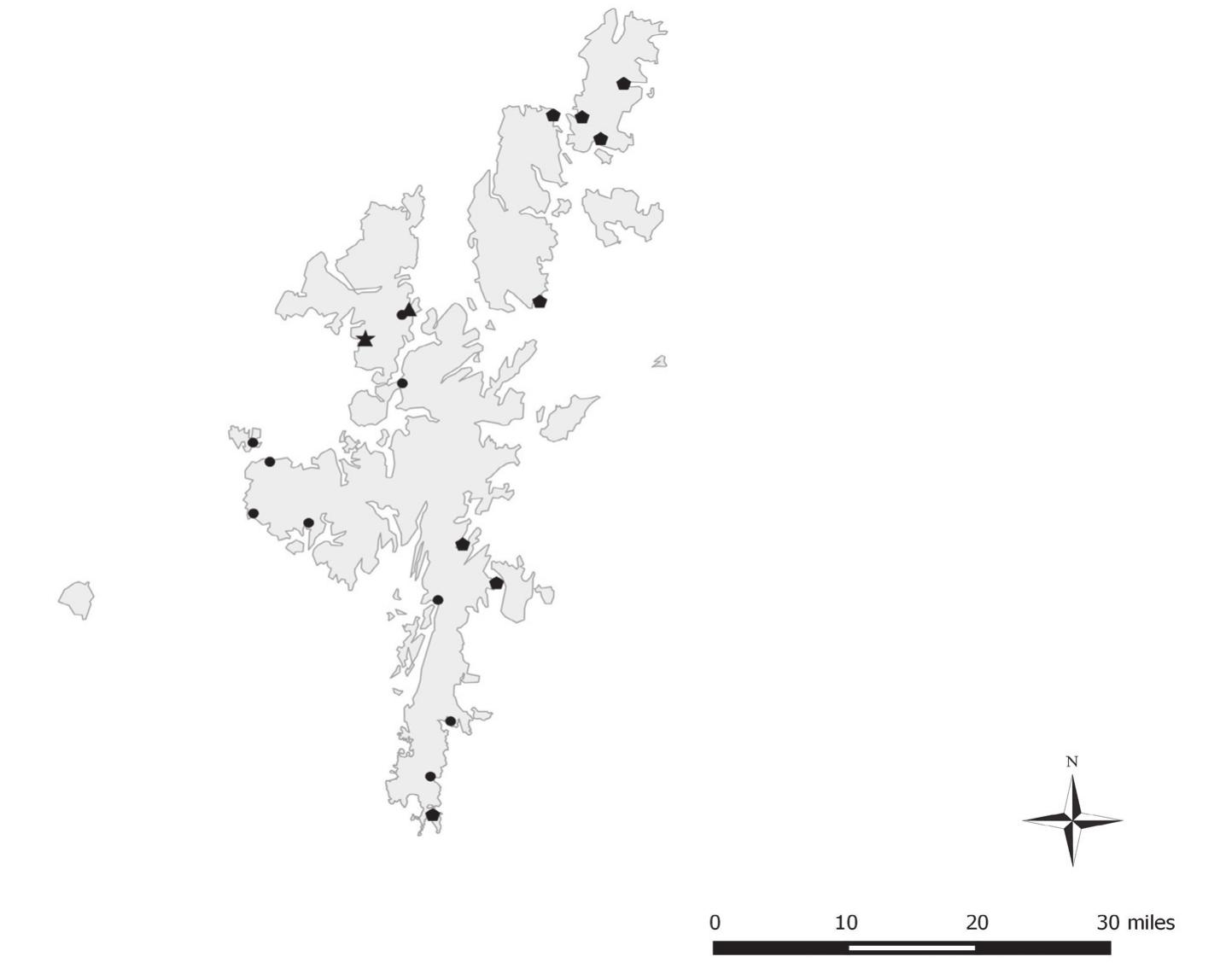 Map 5 Shetland. Excluding Fair Isle. Triangles: posts used by Hamburg Ship's. Pentagons: posts used by Bremen ship's. Circle: posts used by Hansa ship's. Star: Hagrie’s B6d on Mainland. 