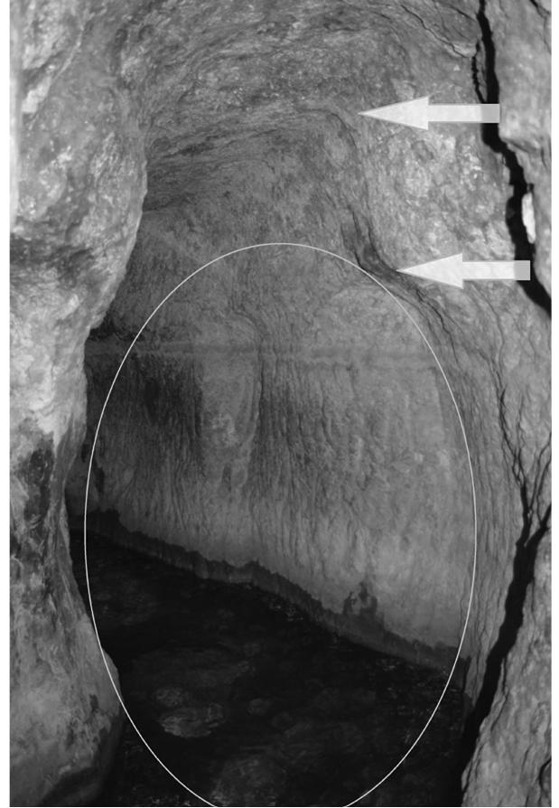 FIGURE 10.3 Tunnel VI at Jerusalem carried water from the Gihon Spring to the bottom of Warren’s Shaft (Frumkin and Shimron 2006, 234), and it predated Hezekiah’s Tunnel. This tunnel had a hewn barrel-shaped vault ceiling. At a later stage, the ceiling was raised and cut in a square style. (Photography by Frumkin.) 