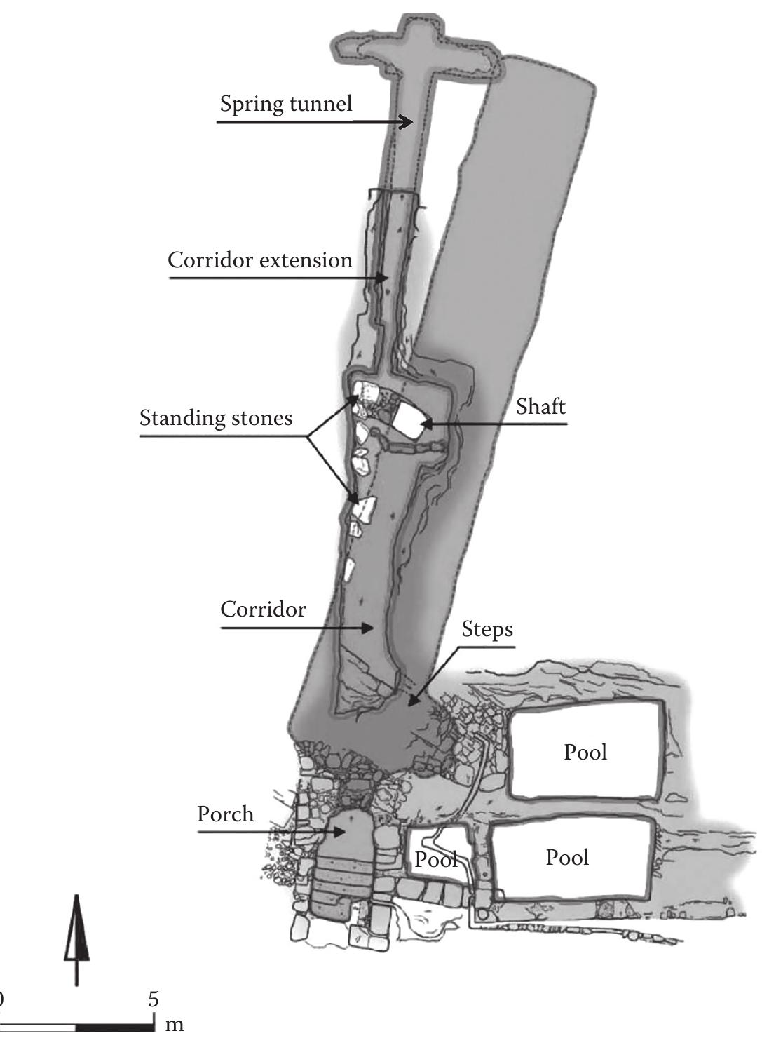 FIGURE 10.16 Suba cave—plan. (From Gibson, S., The Suba water system as a clay-production plant in the Iron Age II. In Eretz Israel 29, ed. J. Aviram, A. Ben-Tor, I. Ephal, Y. Aviram, S. Gitin, and R. Reich, pp. 45-55, The Israel Exploration Society, Jerusalem, 2009, figure 3. With Permission.) 
