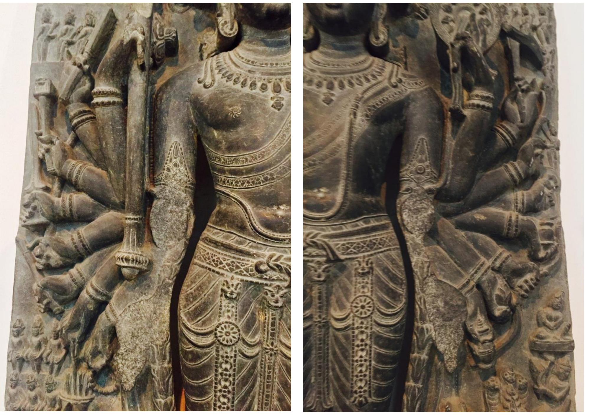 >Jate 4.12: Visnu Visvartipa, National Museum of | 3angladesh, photo Tommy Guo, Detail. (  f Plate 4.13: Visnu Visvaripa, National Museum of Bangladesh, photo Tommy Guo, Detail.  Sixteen arms spread around the original and central core of four hands, displaying the following attributes in the right (R) and left (L) hands: ploughshare (/angala) (R) / pestle musala) (L.): both attributes belong to Balarama; hook (ankusa) (R) / shield (carman) (L); sword (khadga) (R) / weapon with three points (sala or pattisa (2))'” (L); spear (Sakti) or javelin tomara) (?) (R) / hammer (mudgara) (L); round (fruit, earth) (bijapiira) (R) / bow (sarnga) (L); arrow (Sara) (draws an arrow from the quiver which stands behind Laksm1) (R) / bell (ghanta, piece of cloth held in the hand; the attribute as such is partly destroyed but its overall shape  suggests this identification) (L); vajra (R) / pasa (L); and aksamala (R) / kamandalu (L). 