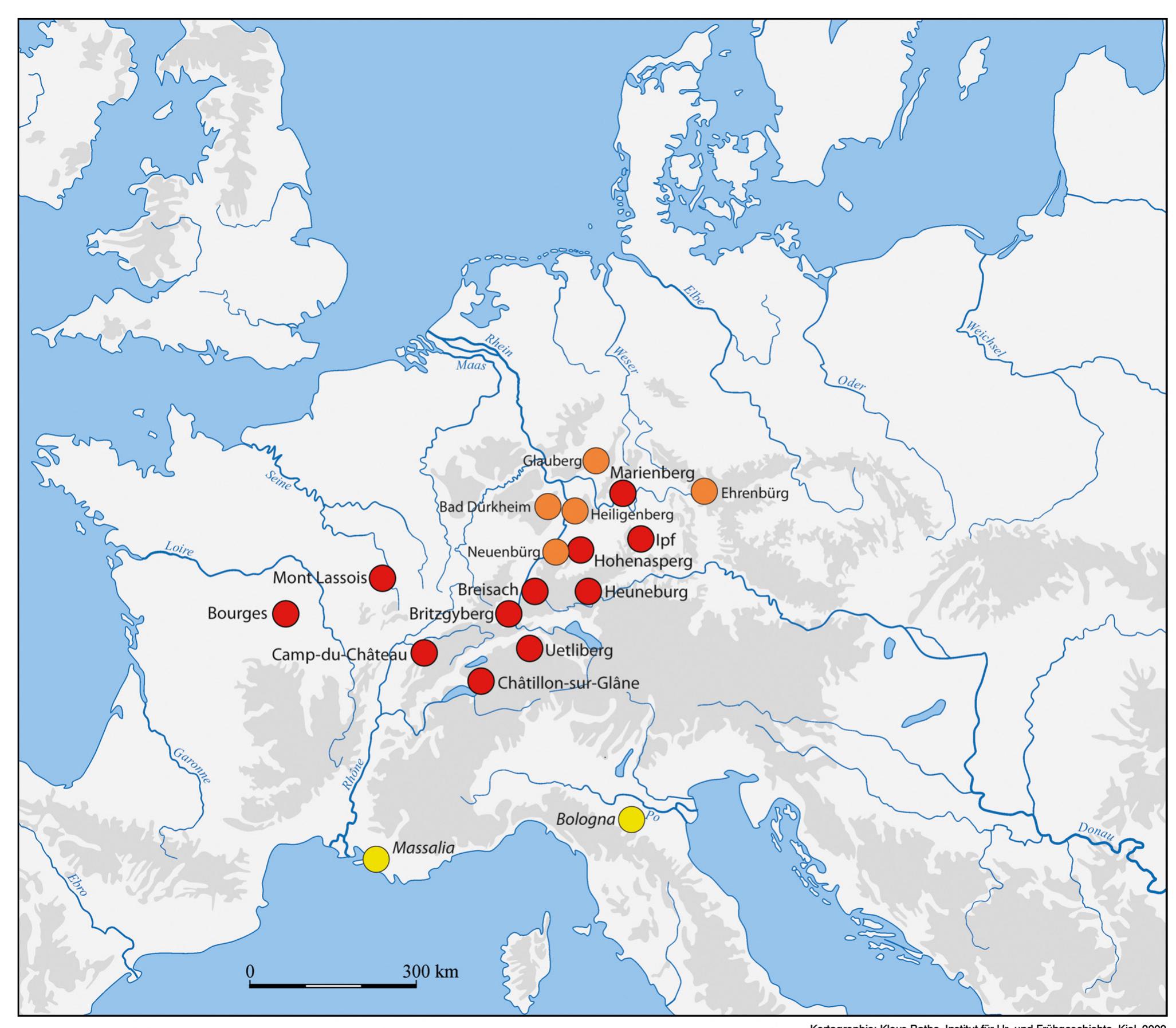 Figure 1. Distribution of the so-called ‘princely seats’ in the Late Hallstatt period (second half of the 6th century BC; red marked). Orange marked are hilltop settlements, which gain importance in the Early La Téne period (map: K. Rothe, Kiel, with additions by I. Balzer) 