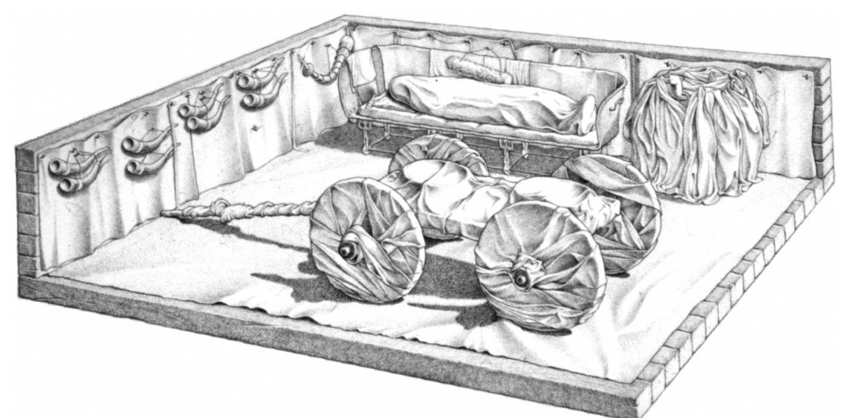 Figure 4b. ‘Princely grave’ of Eberdingen-Hochdorf: the grave goods and the deceased were covered with cloth. (Illustration: Landesamt fir Denkmalpflege im RP Stuttgart/Banck-Burgess1999: 27, Figure 4) 