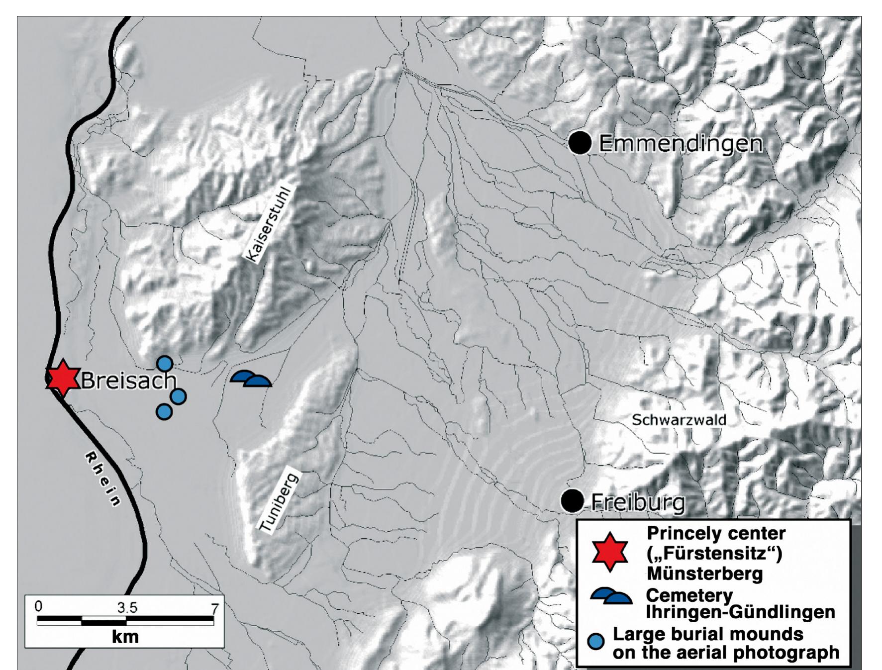 Figure 6. The Breisacher Miinsterberg and possible associated burial mound: and cemeteries outside the Rhine zone (map: D. Mischka) 