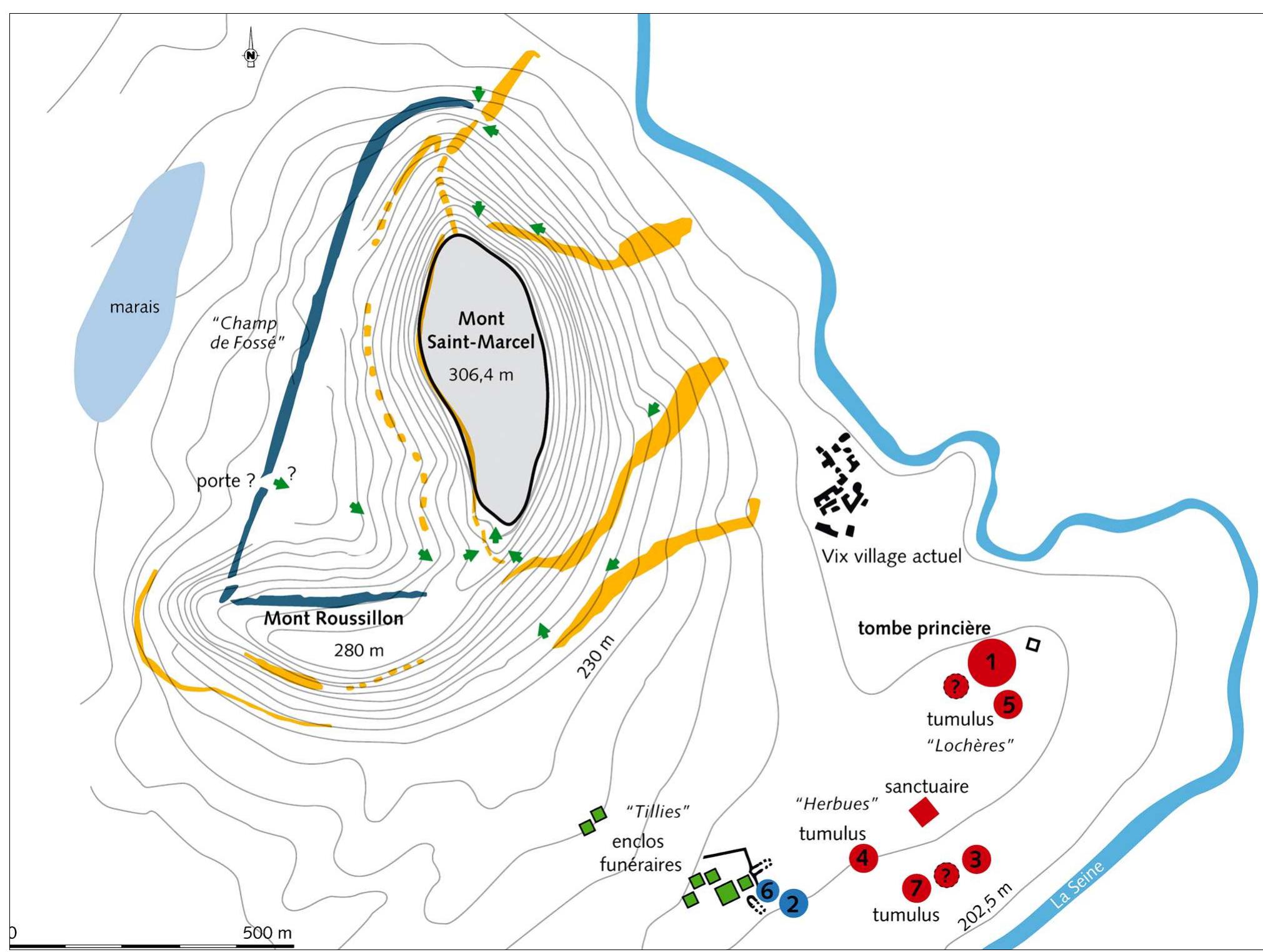 Figure 8. Vix/Mont Lassois: plan of the hilltop settlement, the fortifications, the burial mounds and the ‘sanctuary’; blue: Urnfield culture; red: Late Hallstatt period; green: Late La Téne period (after B. Chaume, in: Vix (Céte-d’Or), une résidence princiére au temps de la splendeur d’Athénes) Archéologie an Bourgogne 24 (2011). Dijon DRAC Bourgogne - Service Régional de Archeologie) 