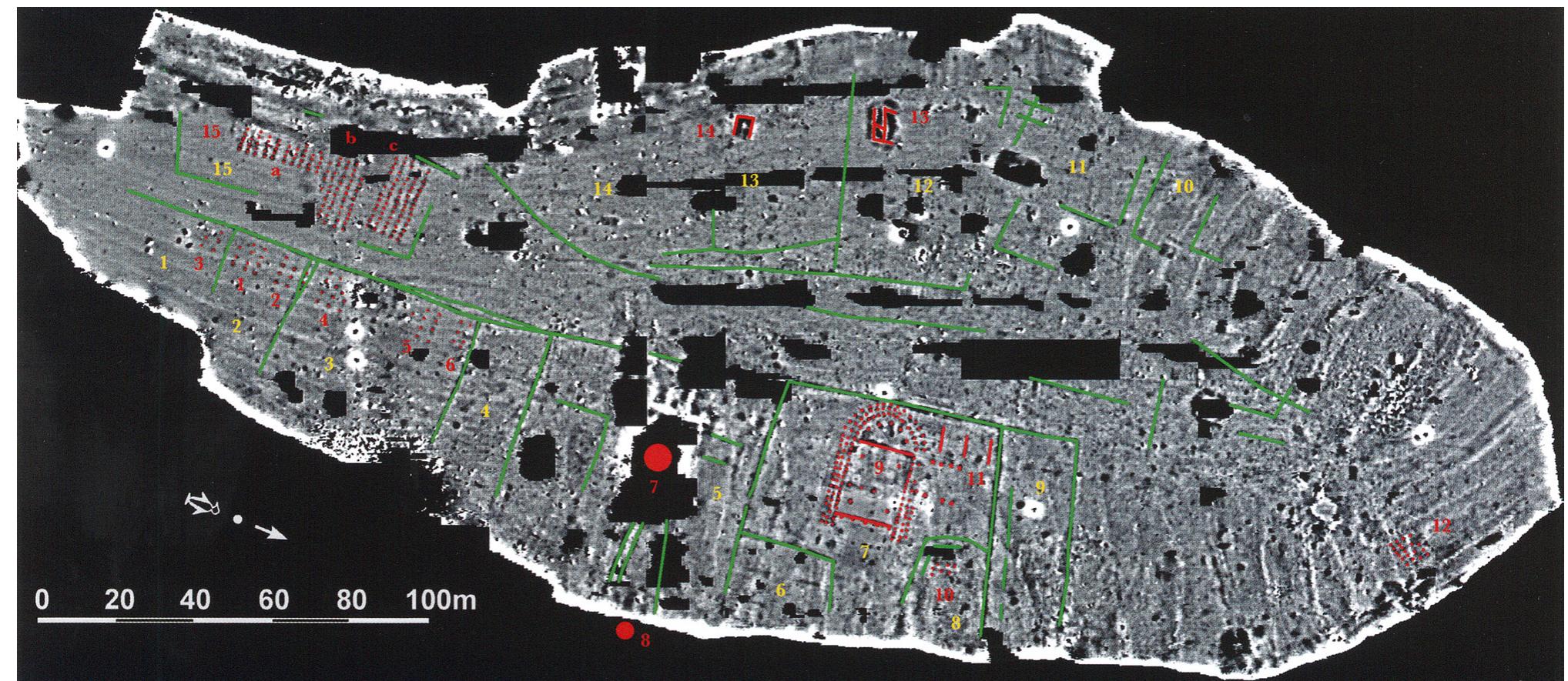 Figure 9. Mont Lassois: Magnetogram of the ‘Mont Saint Marcel. Emphasized are trenches (green) and buildings as well as pits (red) (Landesamt fiir Denkmalpflege im RP Stuttgart (H. von der Osten-Woldenburg)/Die Welt der Kelten 2012: 133, Figure 149) 