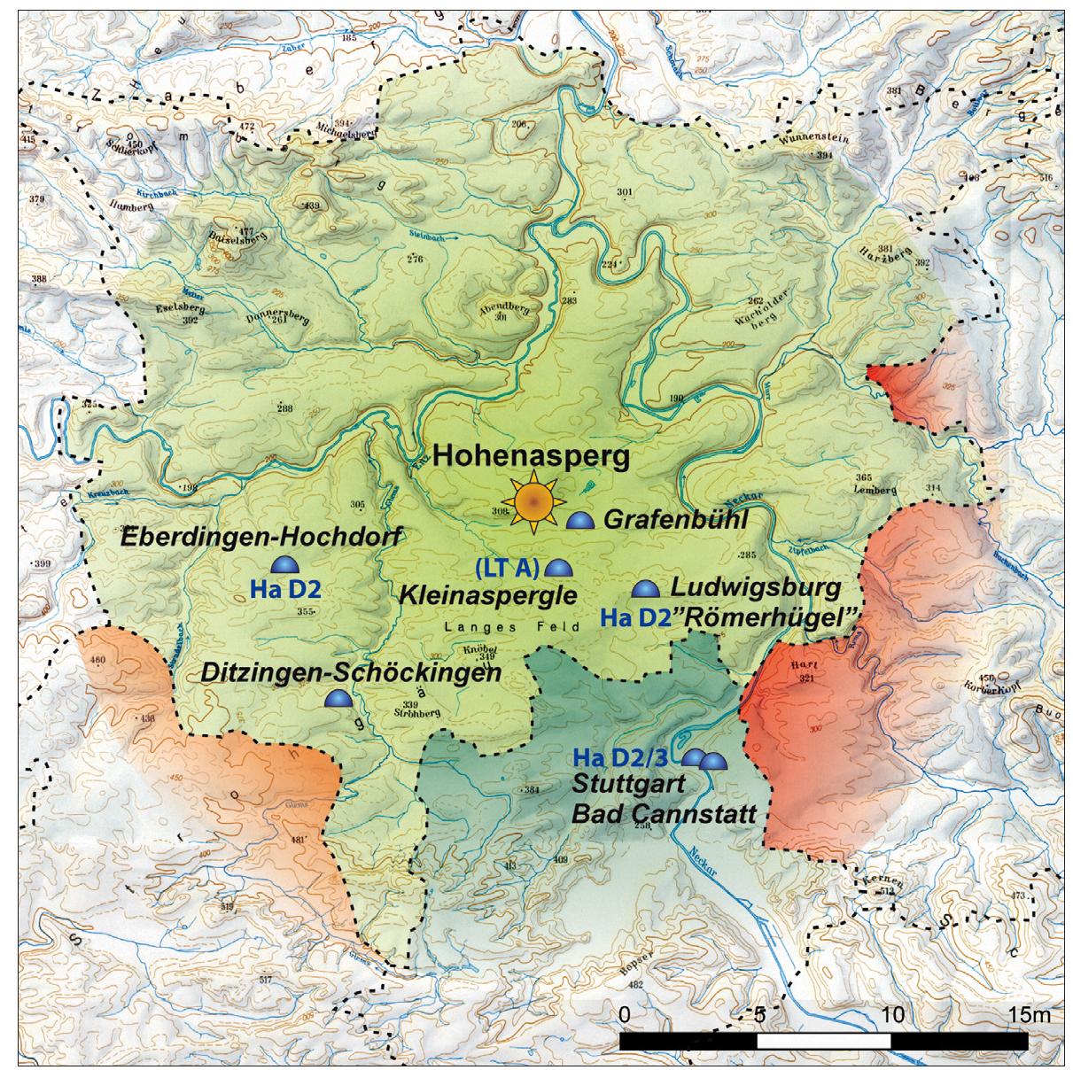 Figure 12. ‘Princely graves’ in the vicinity of the Hohenasperg (graphic Landesamt fiir Denkmalpflege im RP Stuttgart: C. Niibold/I. Balzer)  Figure 11. The Hohenasperg north of Stuttgart (photo: Landesamt fiir Denkmalpflege im RP Stuttgart, O. Braasch) 