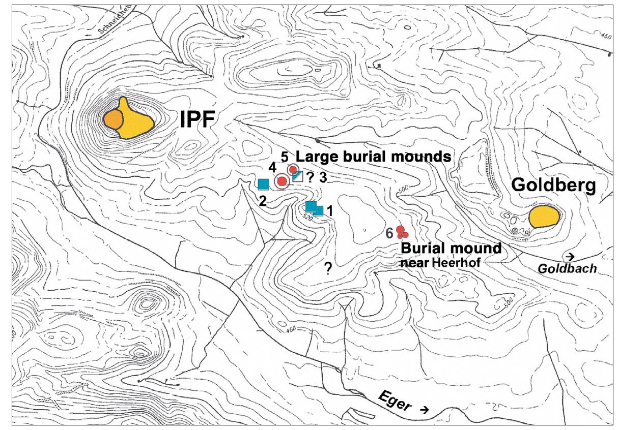 Figure 15. Plan with the two hilltop settlements Ipf and Goldberg as well as the burial mounds (red) and the so-called enclosed rectangular farmsteads or enclosures (Rechteckh6fe) (blue) situated in between. (Landesamt fiir Denkmalpflege im RP Stuttgart/Krause 2015: 70, Figure 39)  Figure 14. The Ipf near Bopfingen: digital terrain model. The multi-staggered fortification facility is clearly recognizable. The lowest fortification line includes a water source. (Landesamt fiir Denkmalpflege im RP Stuttgart/  Krause 2015: 81, Figure 50) 