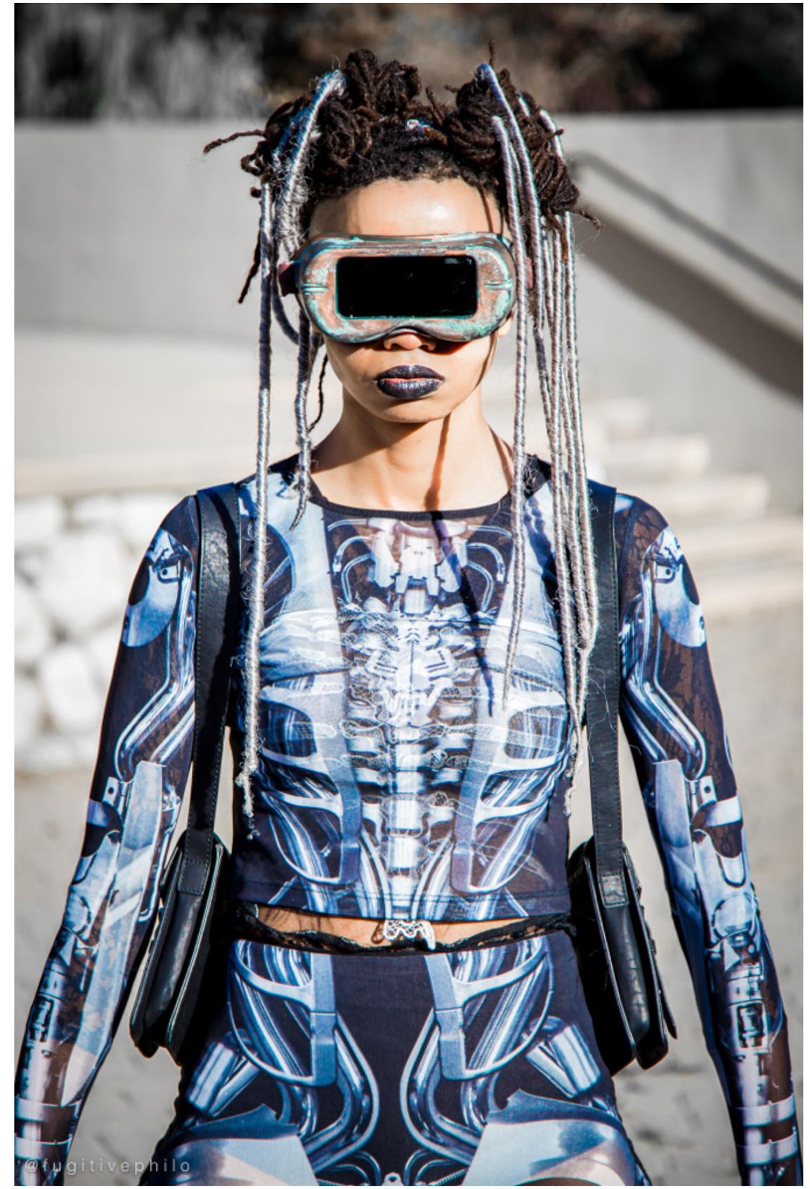 Figure 1. ZiggZagg>1Z, Raging AfroSamurai Cycloptic Cyborg #1, Afrofuturist Occupation at Pomona College (2019). Photo: tobias c. van Veen. 