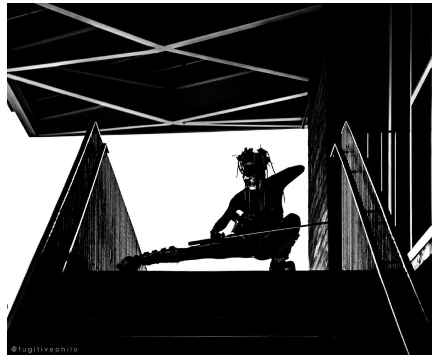 Figure 2. ZiggZagg>rZ, Raging AfroSamurai Cycloptic Cyborg #4, Afrofuturist Occupation at Pomona College (2019). Photo: tobias c. van Veen. 