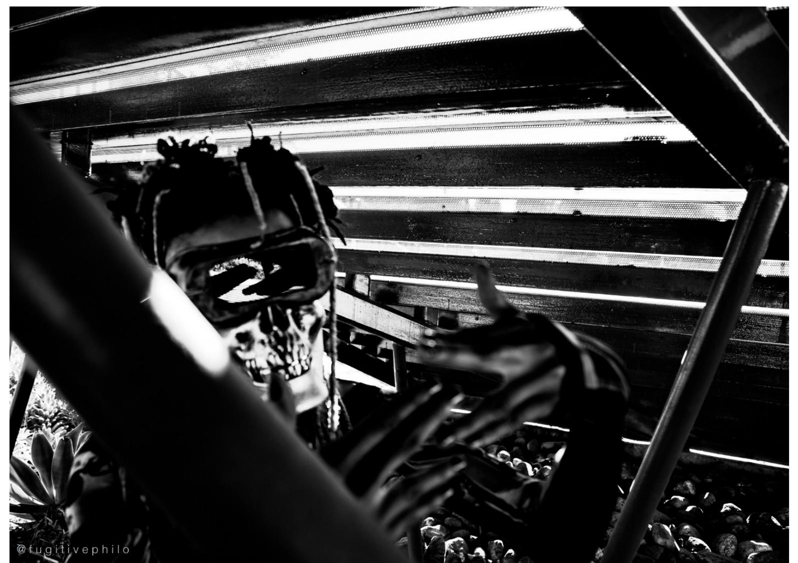 Figure 3. ZiggZagg>'rZ, Raging AfroSamurai Cycloptic Cyborg #5, Afrofuturist Occupation at Pomona College (2019). Photo: tobias c. van Veen.  also holds a particular force as that resistance of the thing to remaining as such. A resistance, in part, to being staged as but a thing, but a resistance also to becoming bound to the telos of subjection, and to necessarily becoming but another subject to, and in, whiteness. A playful resistance that I will seek to connect to Moten’s (2003) “resistance of the object,’ and to the contested and unstable belonging of the “black radical tradition” in which, as David Scott (2013) reflects, “if I am black it is because there is an historical tradition in which that identity is constituted partly by a continuous argument over precisely what it means to be black” (p. 3).  