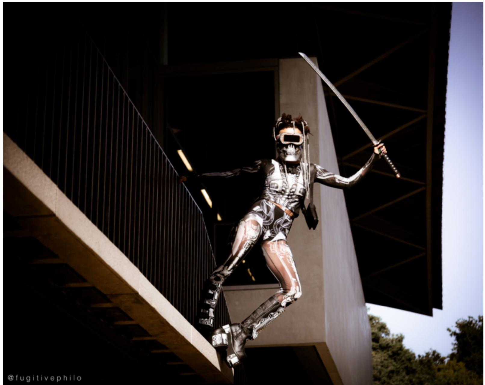 Figure 4. ZiggZagg>1rZ, Raging AfroSamurai Cycloptic Cyborg #6, Afrofuturist Occupation at Pomona College (2019). Photo: tobias c. van Veen. 