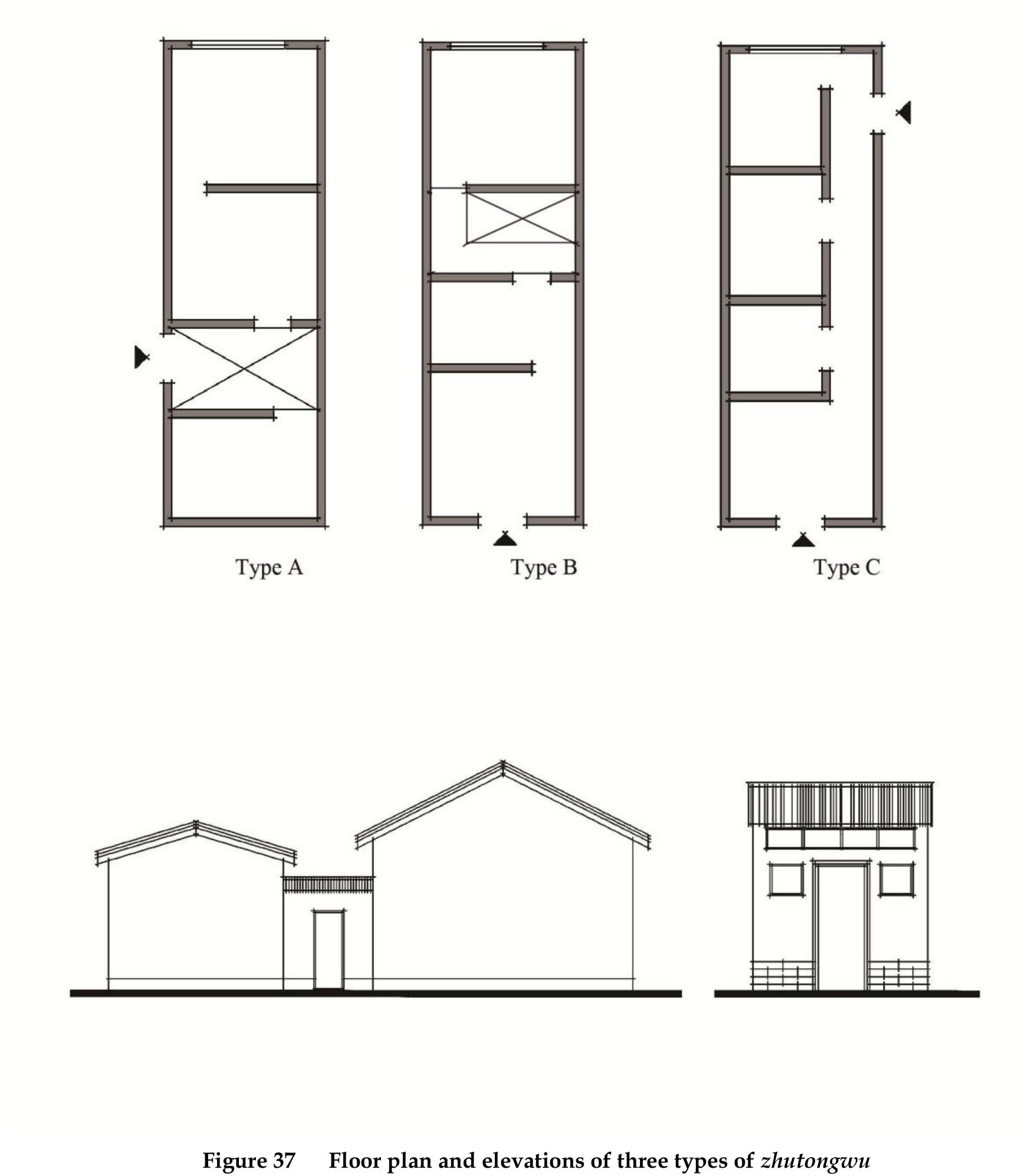 Pure 37. floor plan and elevations of three types of