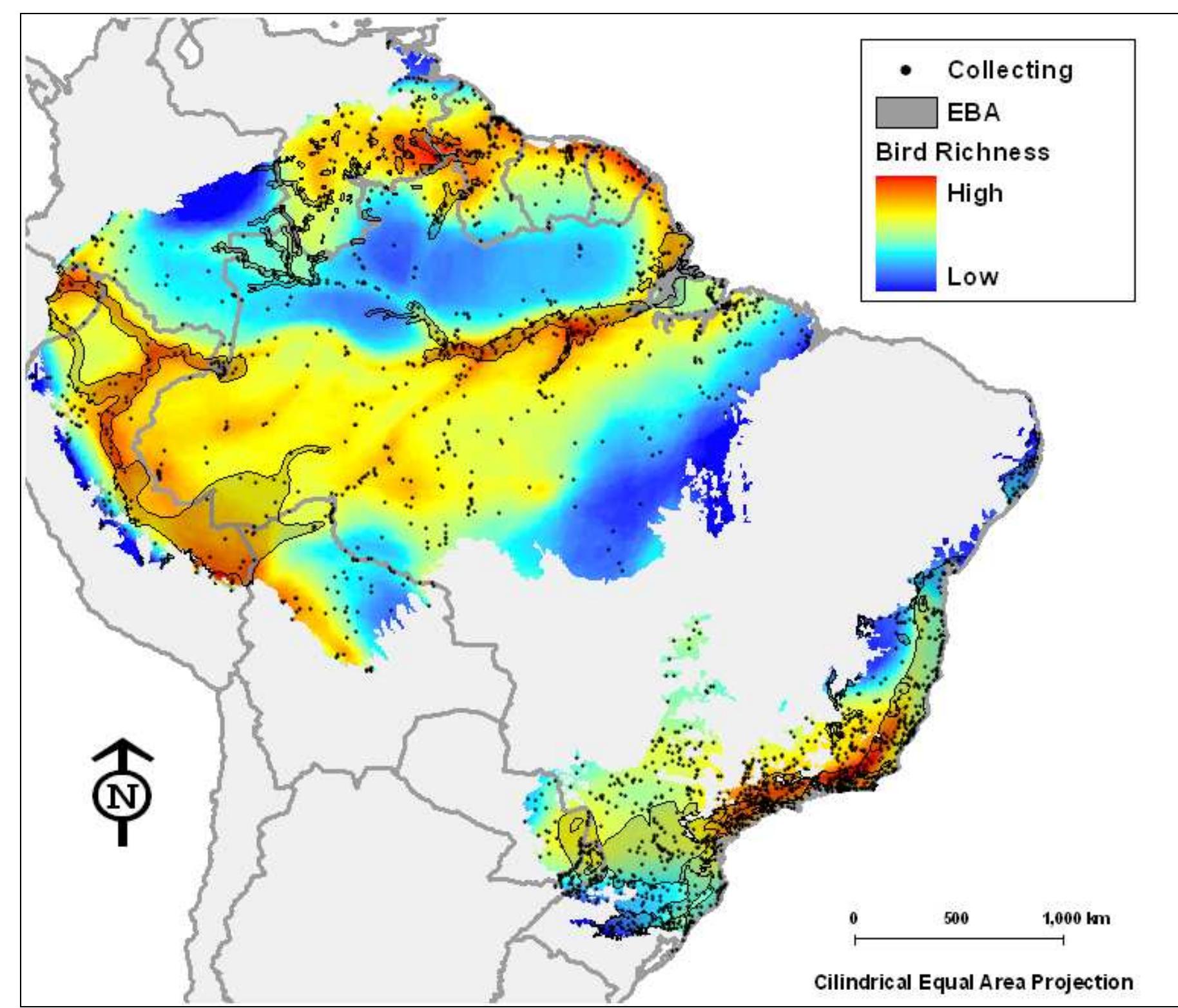 Figure 2 Total bird richness, collection localities, and Endemic Bird Areas in Amazonia and Atlantic forest. 